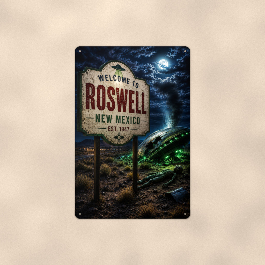 Welcome to Roswell Metal Wall Art, UFO Aluminum Sign, New Mexico Alien Decor, Area 51 Gift
