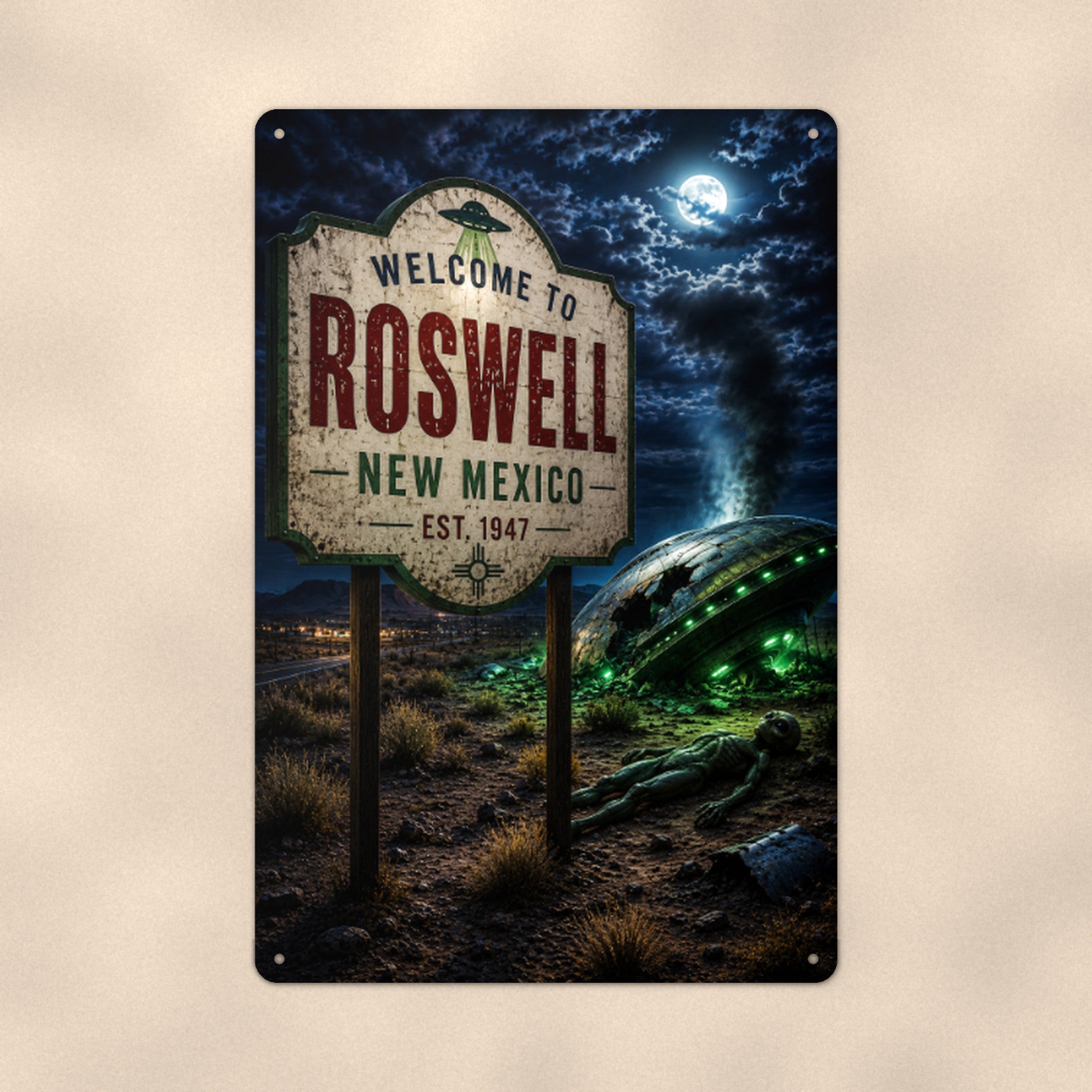Welcome to Roswell Metal Wall Art, UFO Aluminum Sign, New Mexico Alien Decor, Area 51 Gift