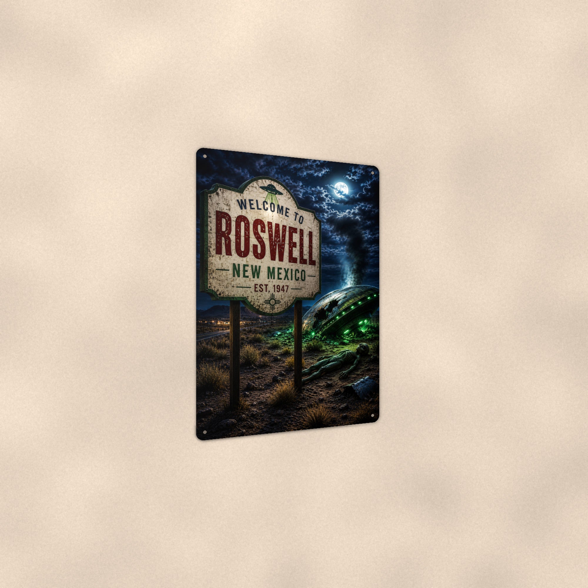 Welcome to Roswell Metal Wall Art, UFO Aluminum Sign, New Mexico Alien Decor, Area 51 Gift
