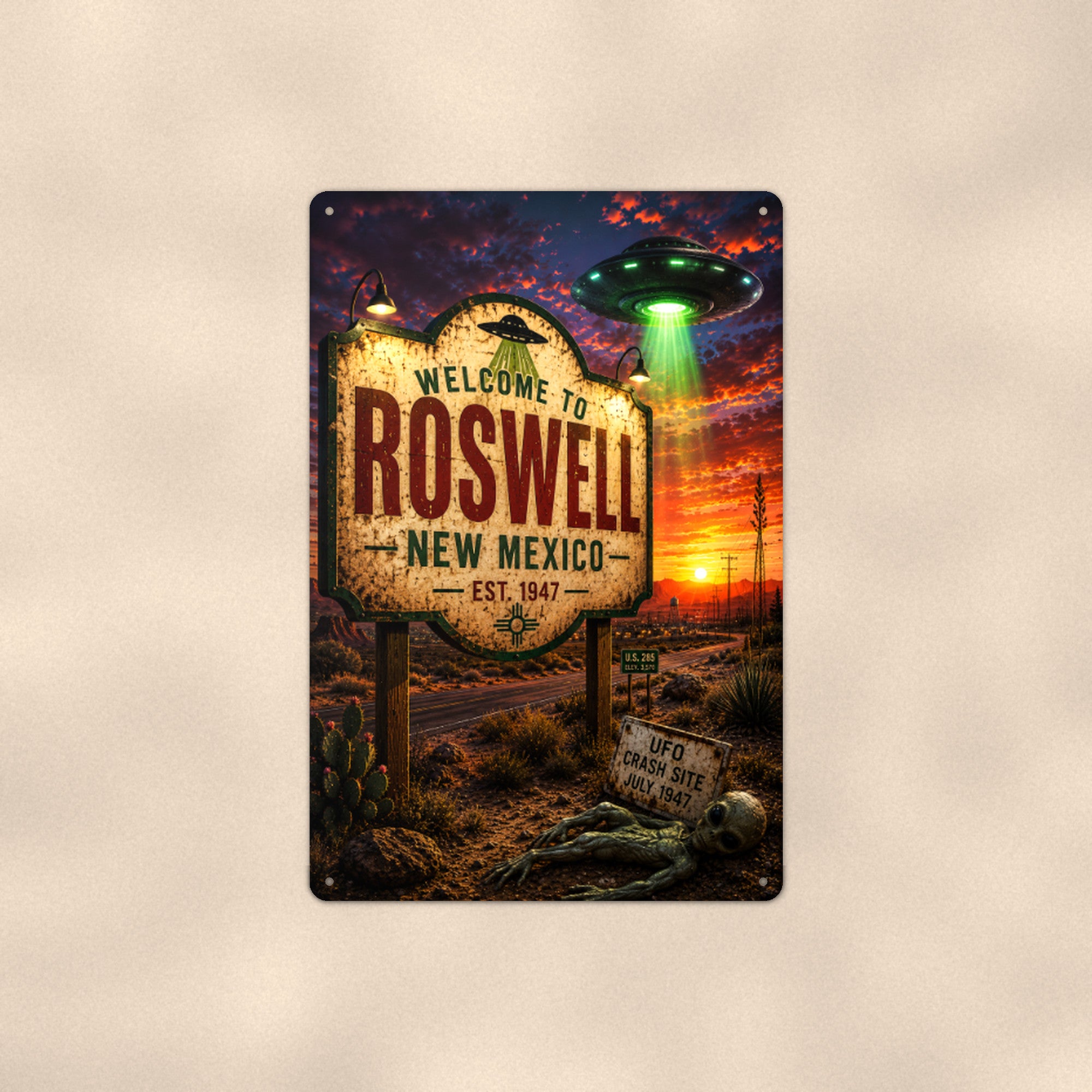 Roswell UFO Metal Wall Art, Alien Aluminum Sign, New Mexico Desert Decor, Sci Fi Gift