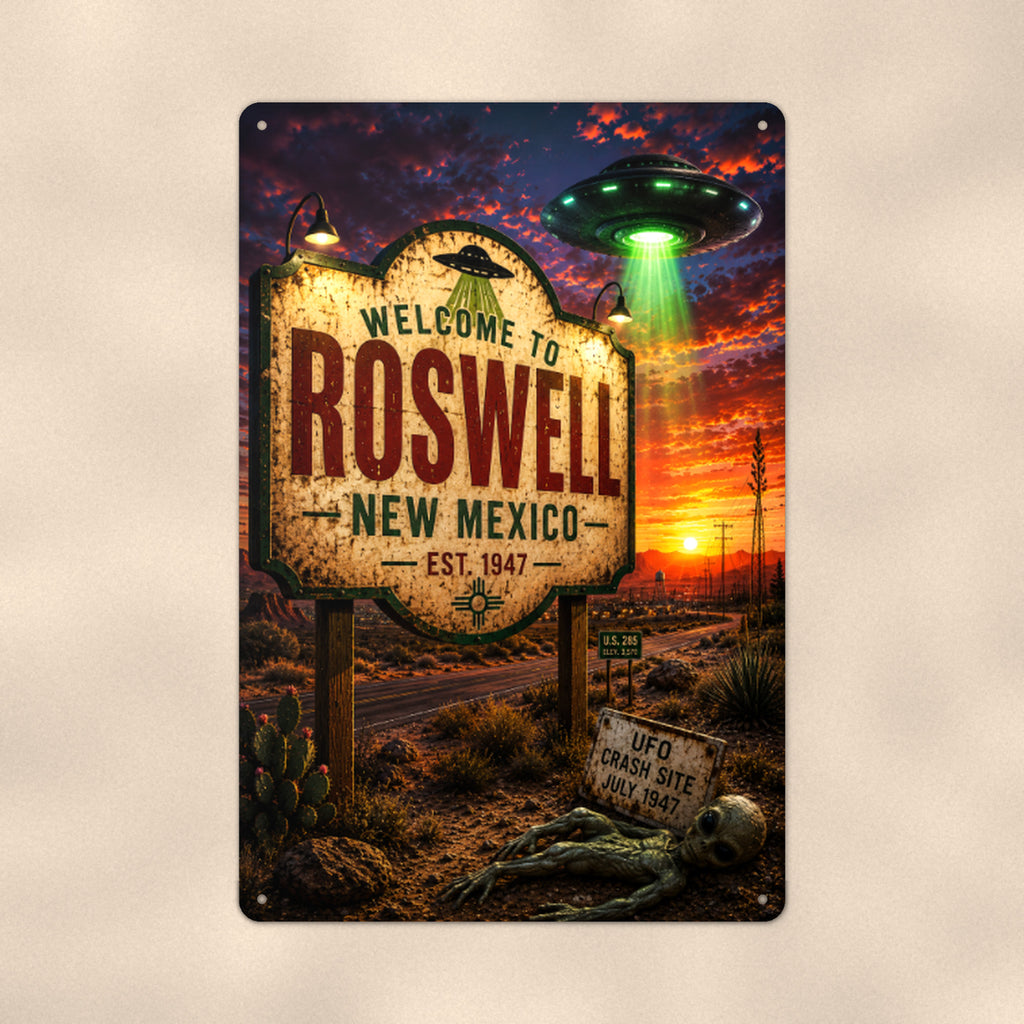 Roswell UFO Metal Wall Art, Alien Aluminum Sign, New Mexico Desert Decor, Sci Fi Gift