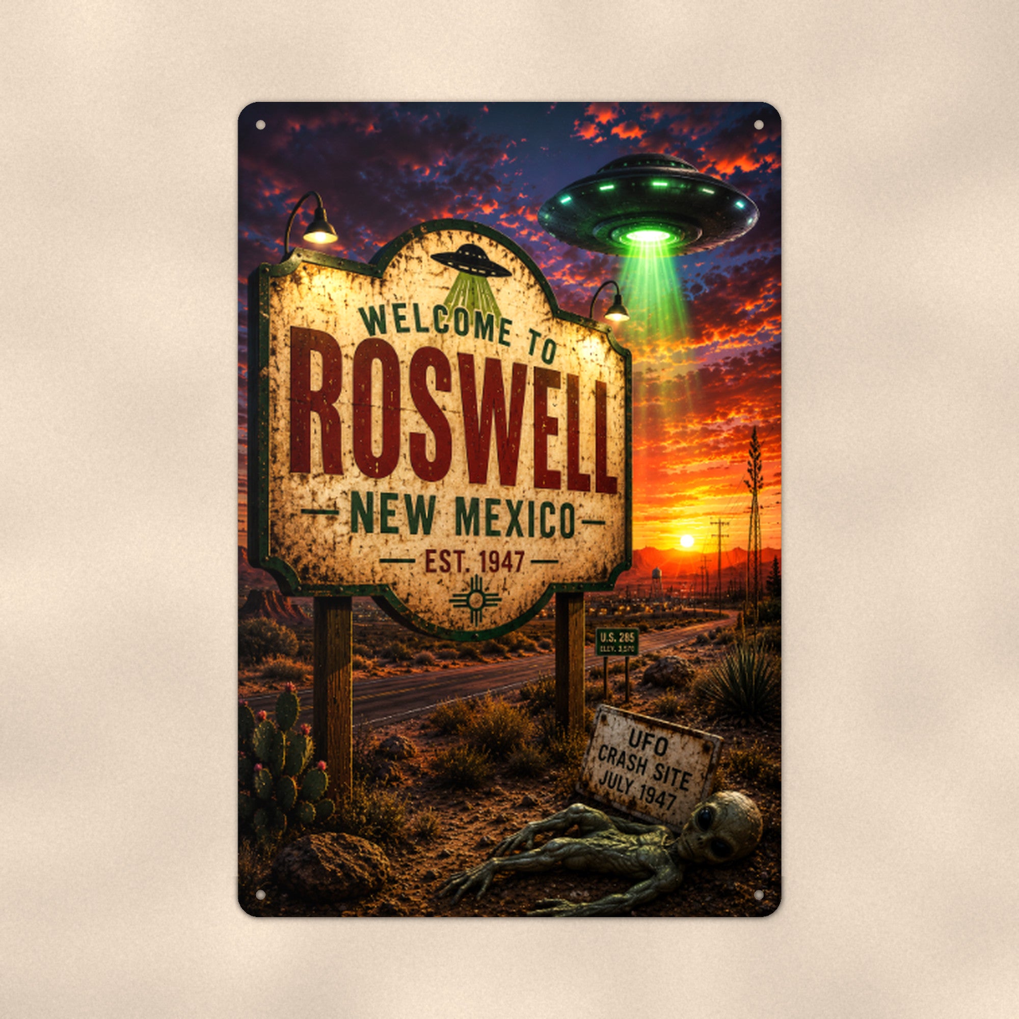 Roswell UFO Metal Wall Art, Alien Aluminum Sign, New Mexico Desert Decor, Sci Fi Gift