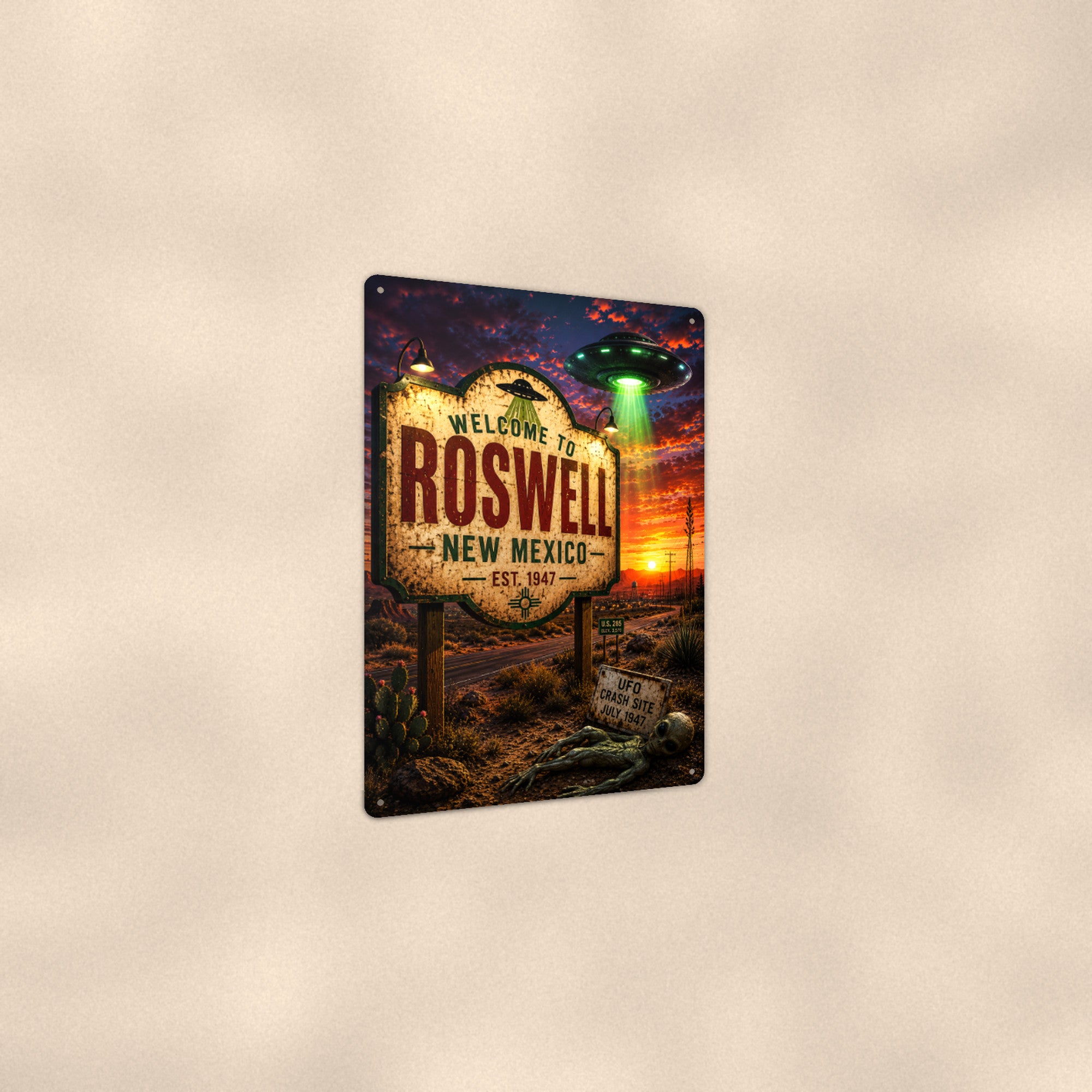 Roswell UFO Metal Wall Art, Alien Aluminum Sign, New Mexico Desert Decor, Sci Fi Gift