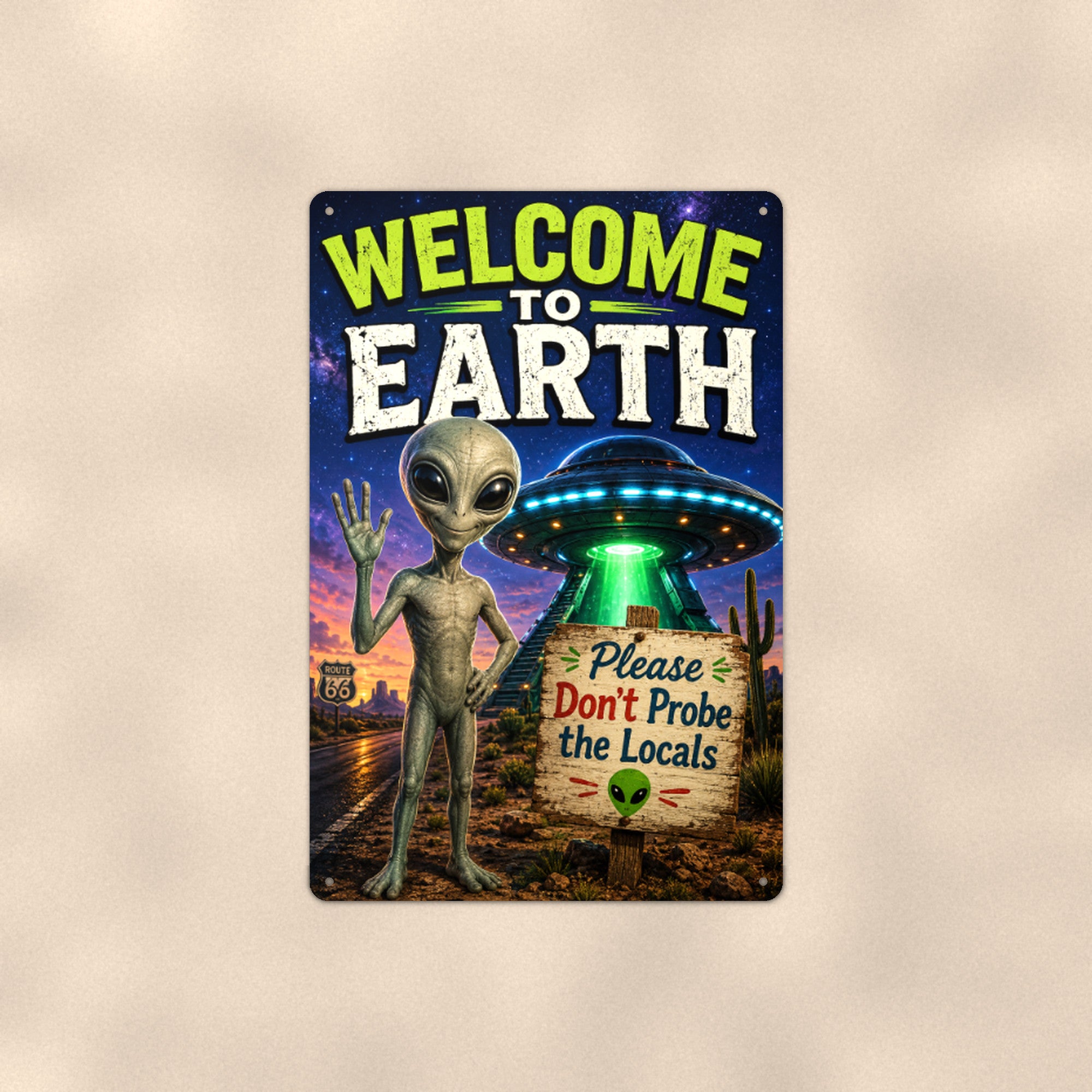 Welcome to Earth Alien Metal Wall Art, Funny UFO Aluminum Sign, Sci Fi Room Decor, Space Gift
