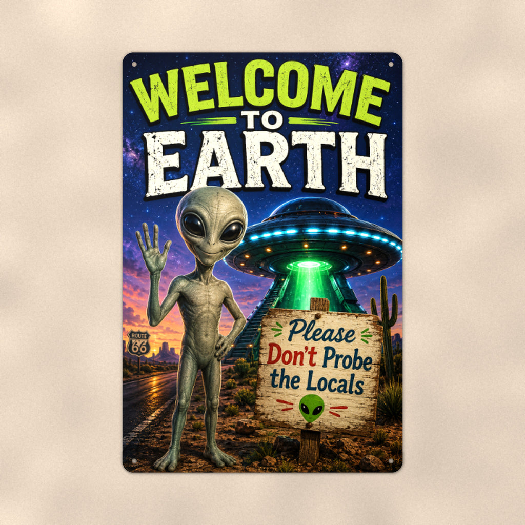 Welcome to Earth Alien Metal Wall Art, Funny UFO Aluminum Sign, Sci Fi Room Decor, Space Gift