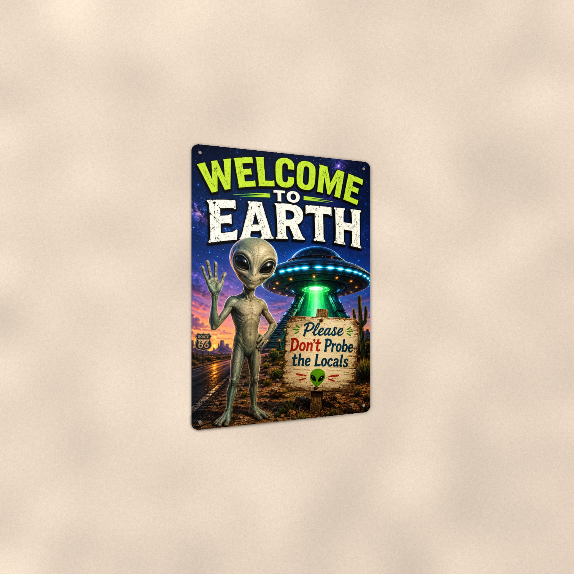 Welcome to Earth Alien Metal Wall Art, Funny UFO Aluminum Sign, Sci Fi Room Decor, Space Gift