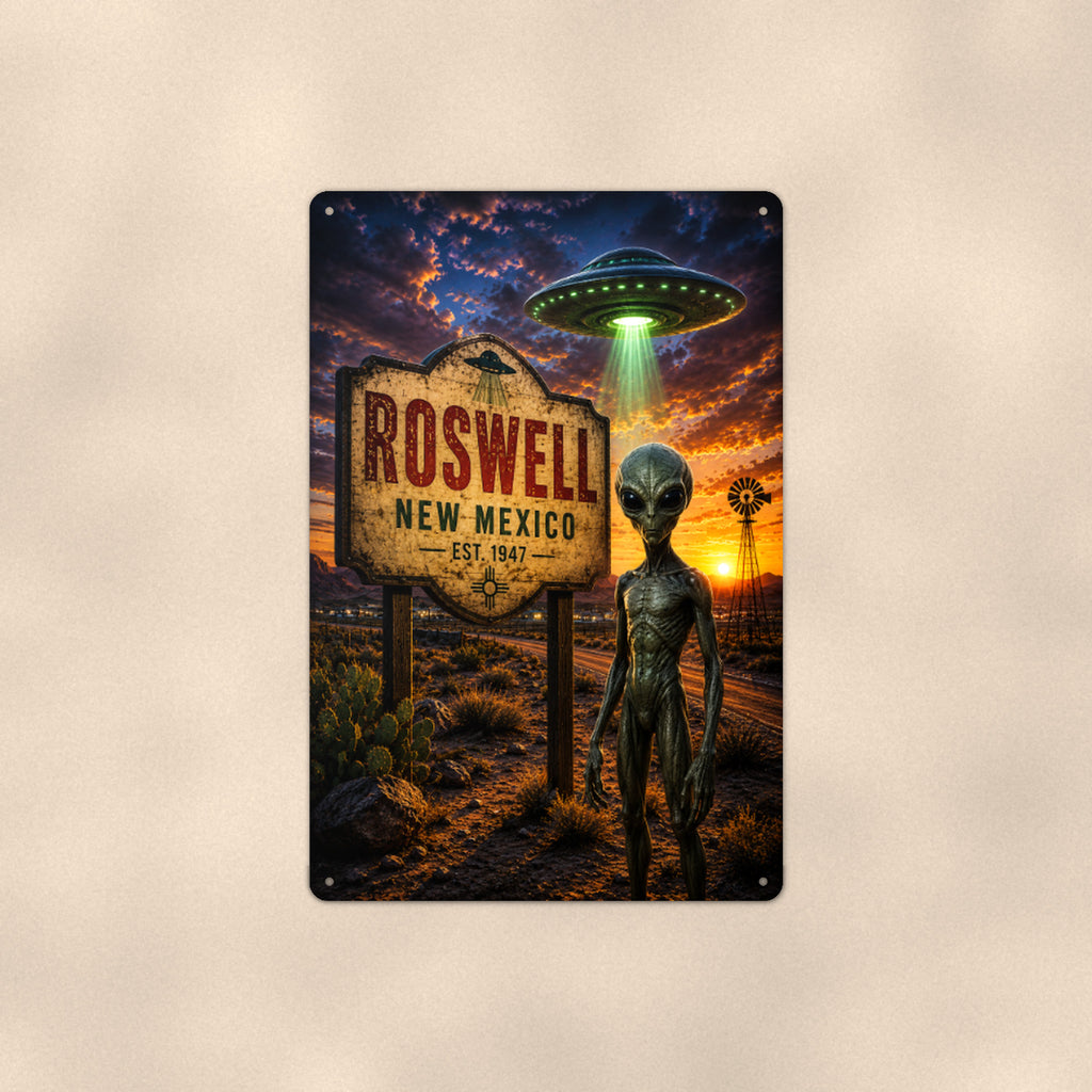 Roswell Alien Metal Wall Art, UFO Aluminum Sign, Desert Roadside Sci Fi Decor, Space Gift