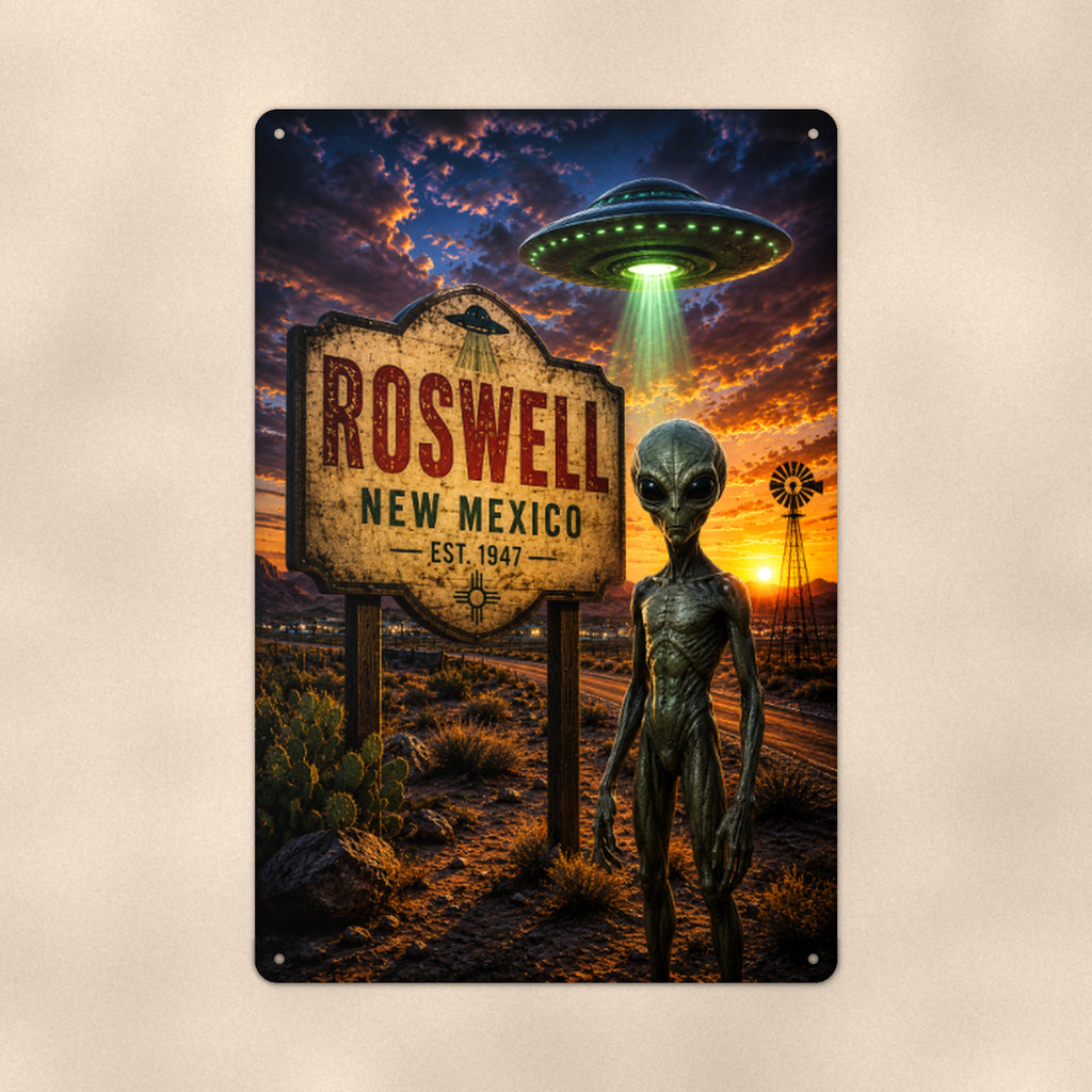 Roswell Alien Metal Wall Art, UFO Aluminum Sign, Desert Roadside Sci Fi Decor, Space Gift