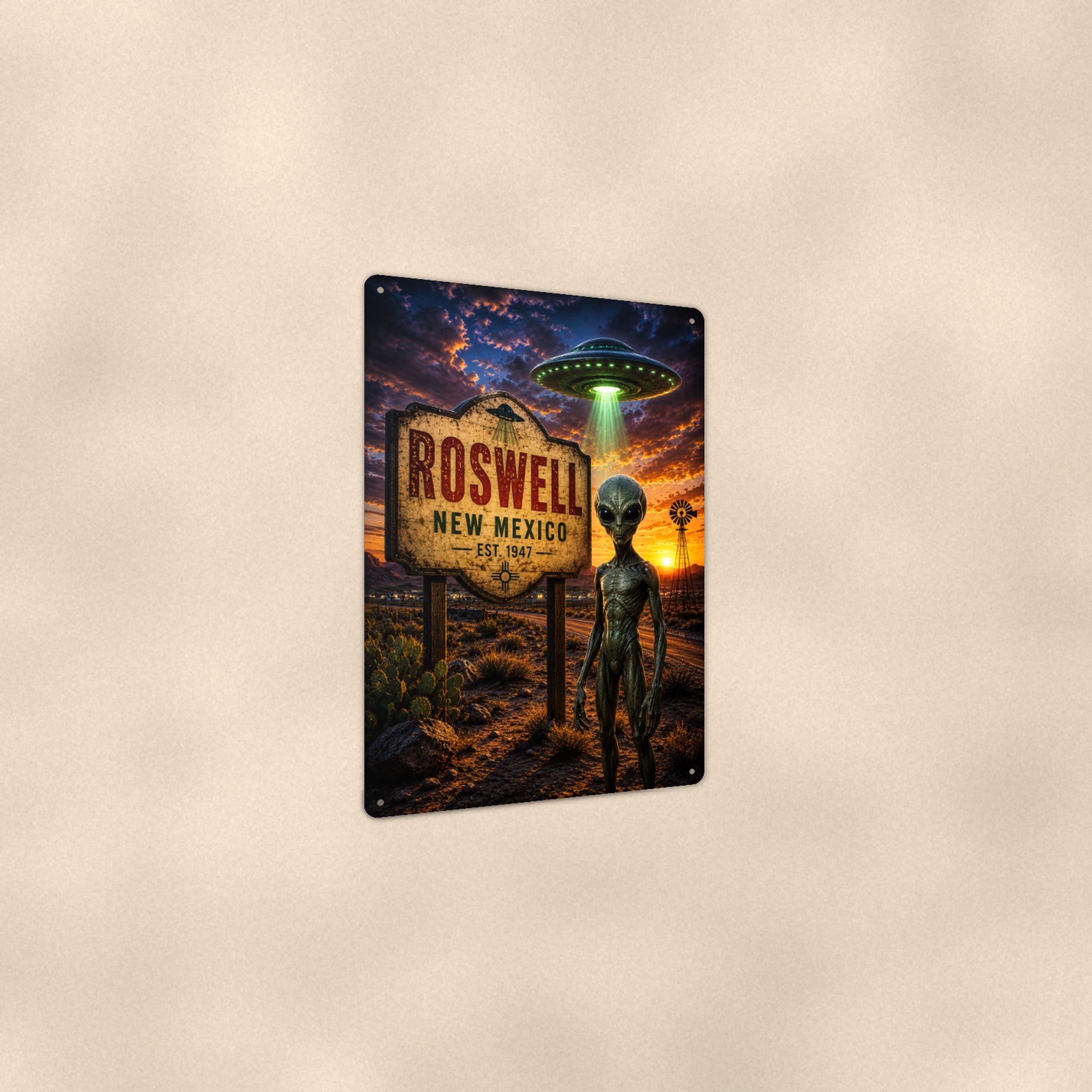 Roswell Alien Metal Wall Art, UFO Aluminum Sign, Desert Roadside Sci Fi Decor, Space Gift