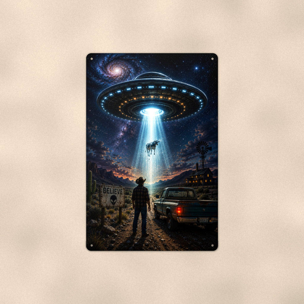 UFO Encounter Metal Wall Art, Alien Aluminum Sign, Night Sky Sci Fi Decor, Area 51 Gift