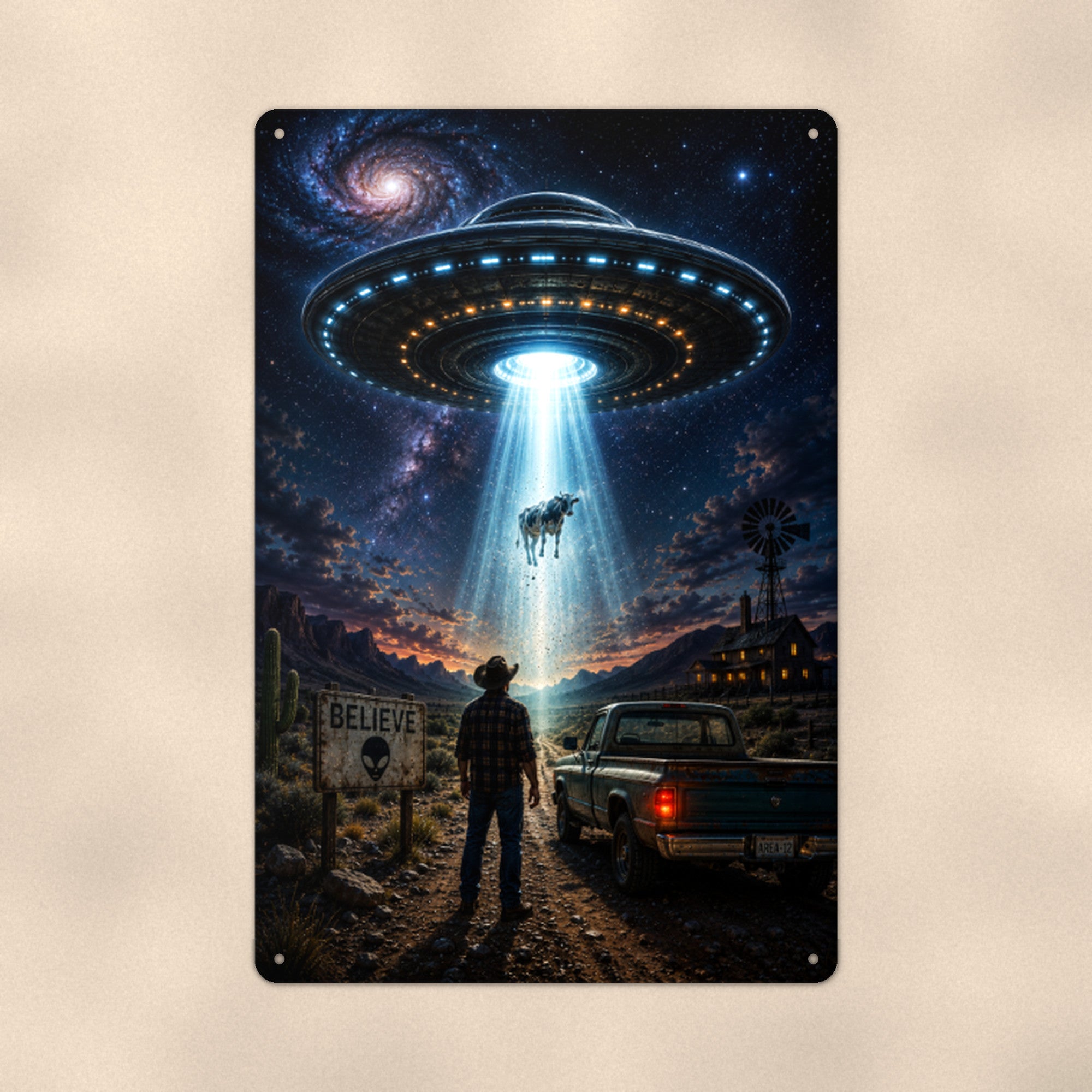 UFO Encounter Metal Wall Art, Alien Aluminum Sign, Night Sky Sci Fi Decor, Area 51 Gift