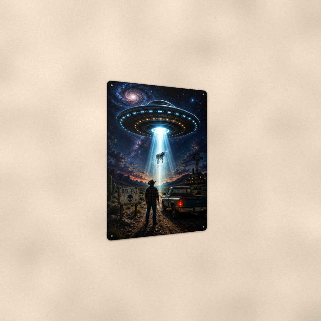 UFO Encounter Metal Wall Art, Alien Aluminum Sign, Night Sky Sci Fi Decor, Area 51 Gift