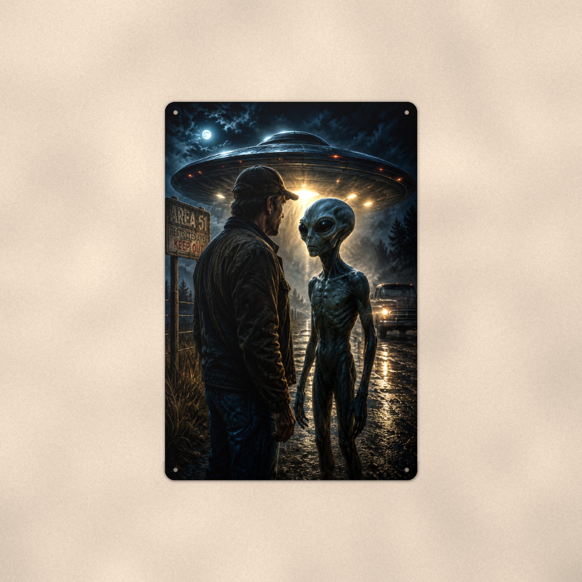 Alien First Contact Metal Wall Art, UFO Aluminum Sign, Cinematic Sci Fi Decor, Space Gift