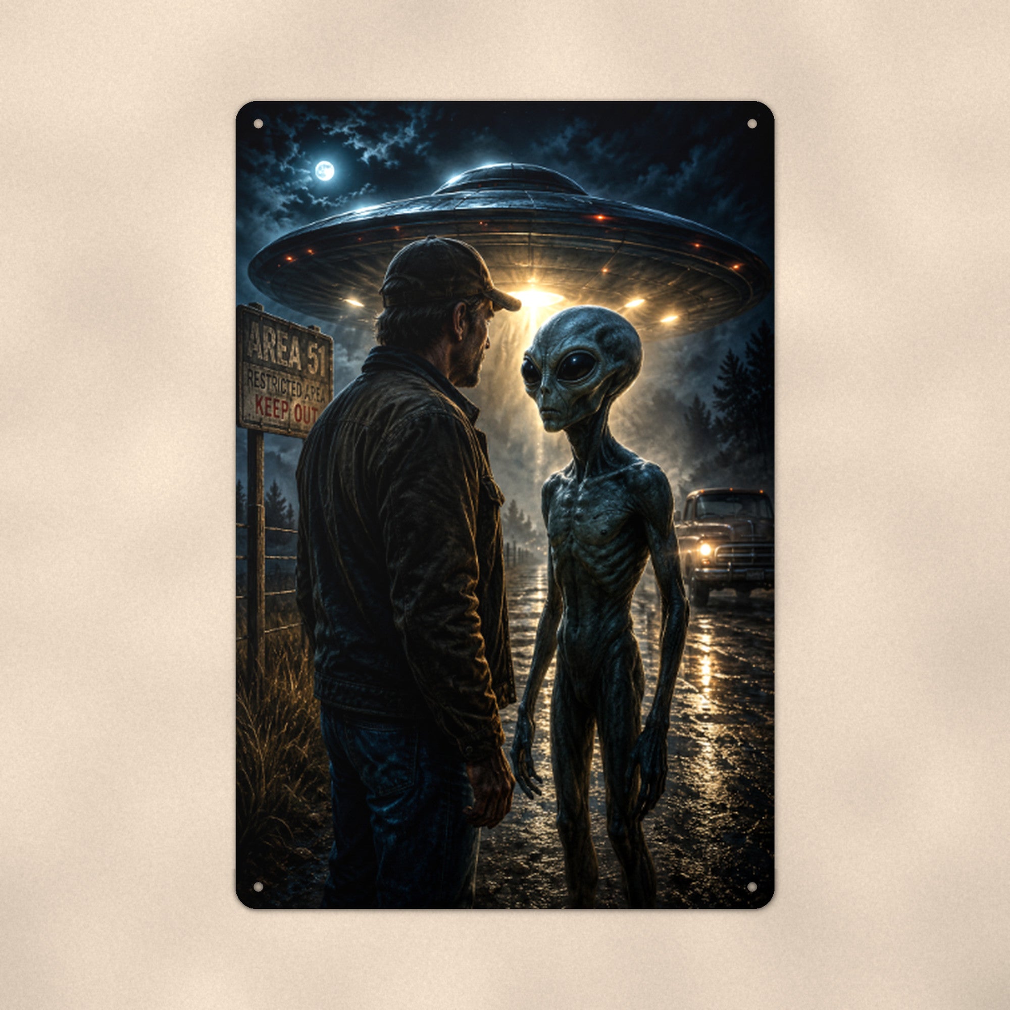 Alien First Contact Metal Wall Art, UFO Aluminum Sign, Cinematic Sci Fi Decor, Space Gift