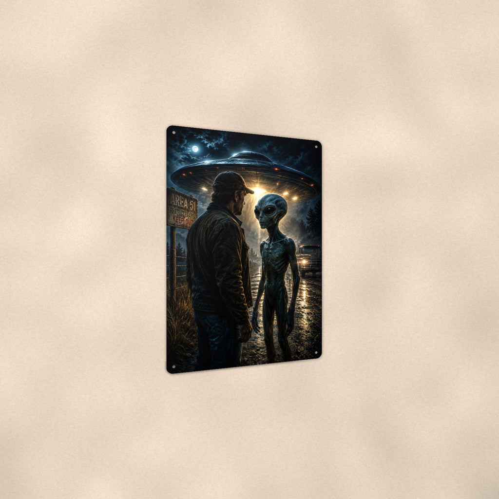 Alien First Contact Metal Wall Art, UFO Aluminum Sign, Cinematic Sci Fi Decor, Space Gift