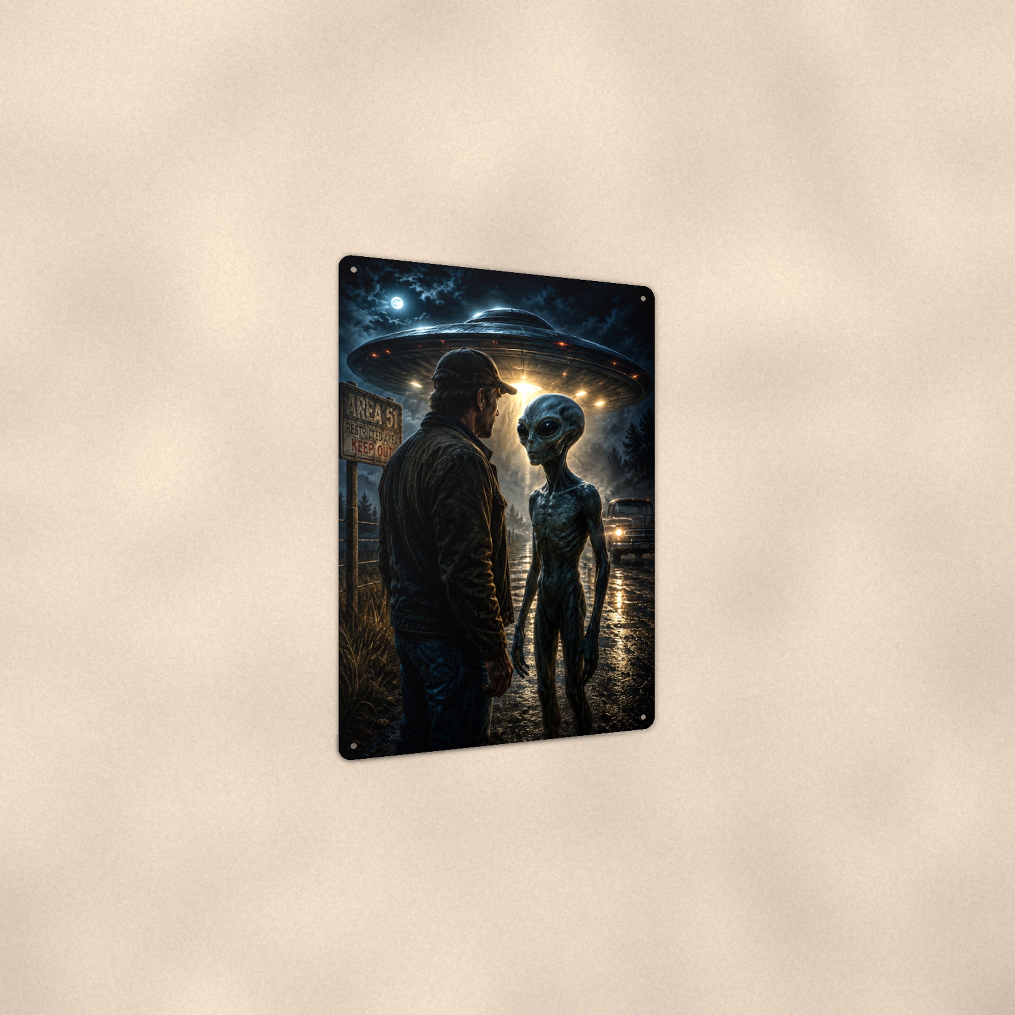 Alien First Contact Metal Wall Art, UFO Aluminum Sign, Cinematic Sci Fi Decor, Space Gift
