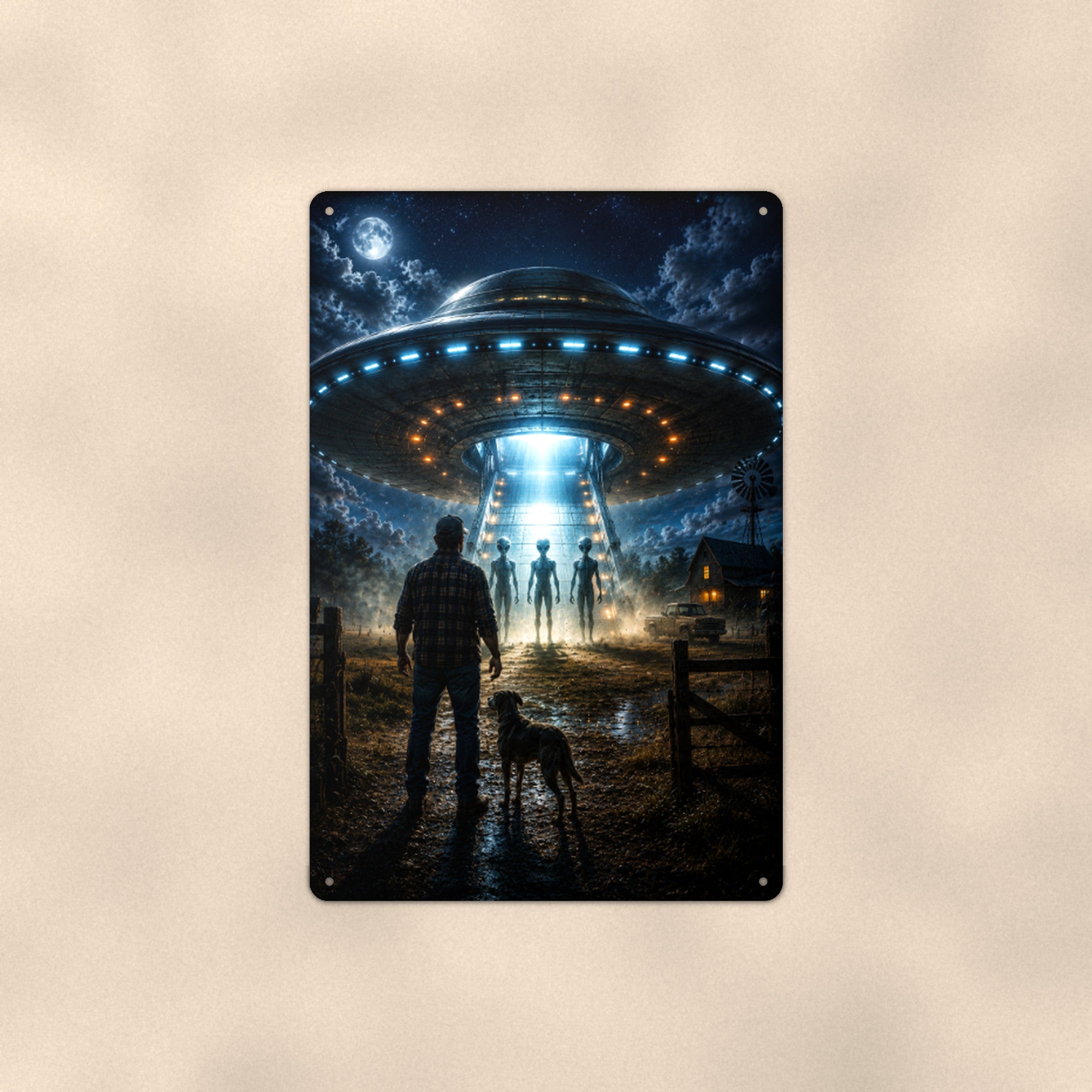 UFO Landing Party Metal Wall Art, Alien Aluminum Sign, Night Sky Sci Fi Decor, Space Gift