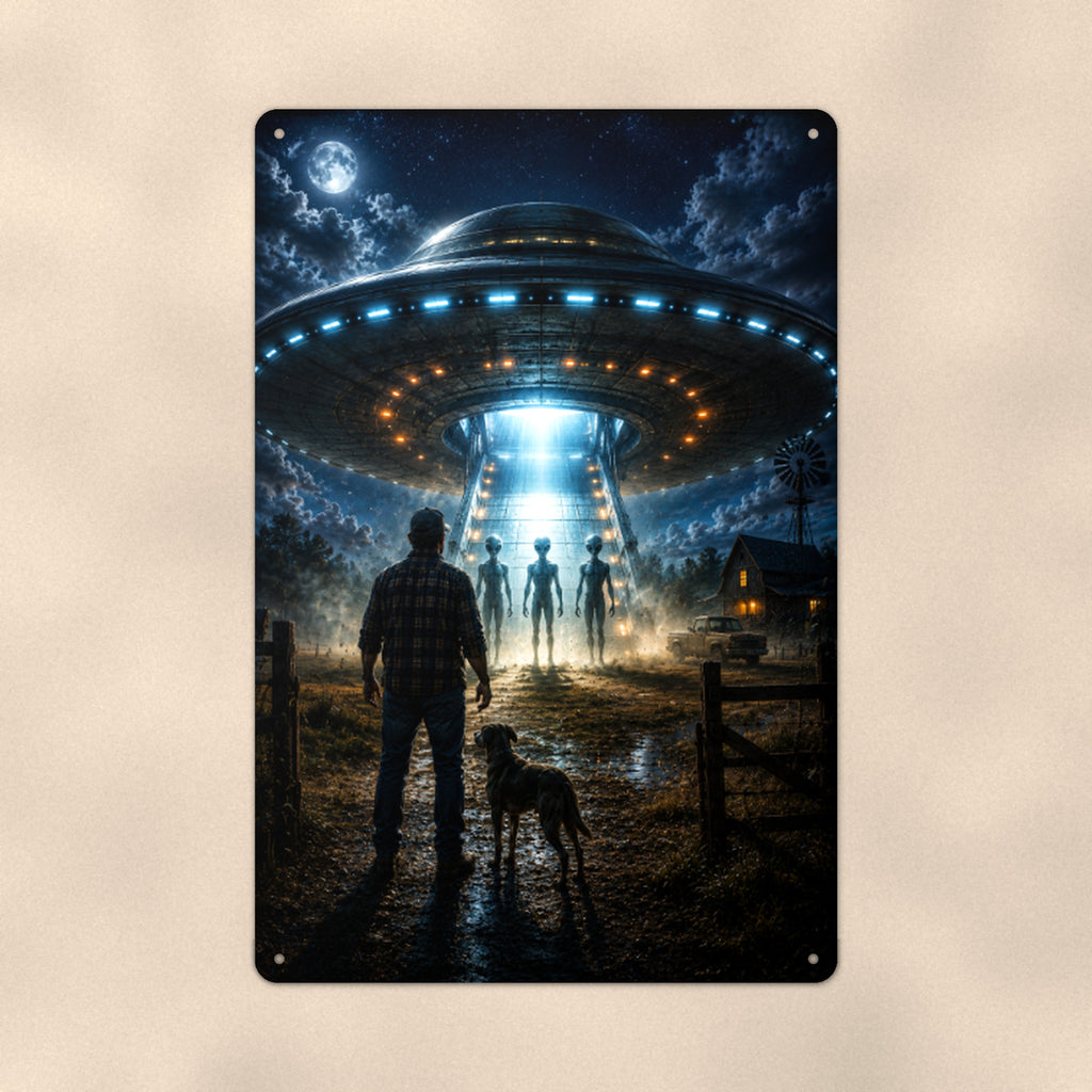 UFO Landing Party Metal Wall Art, Alien Aluminum Sign, Night Sky Sci Fi Decor, Space Gift