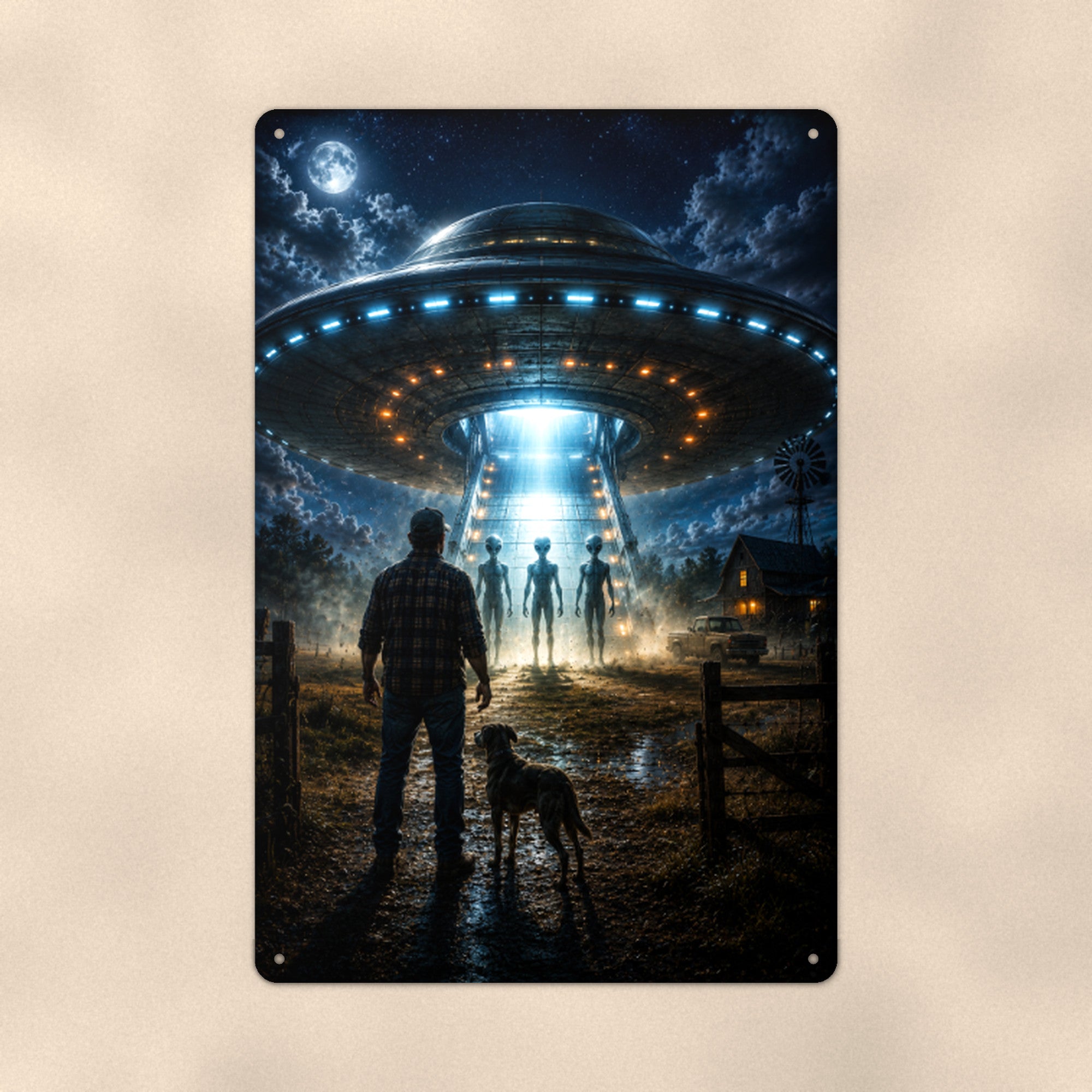 UFO Landing Party Metal Wall Art, Alien Aluminum Sign, Night Sky Sci Fi Decor, Space Gift