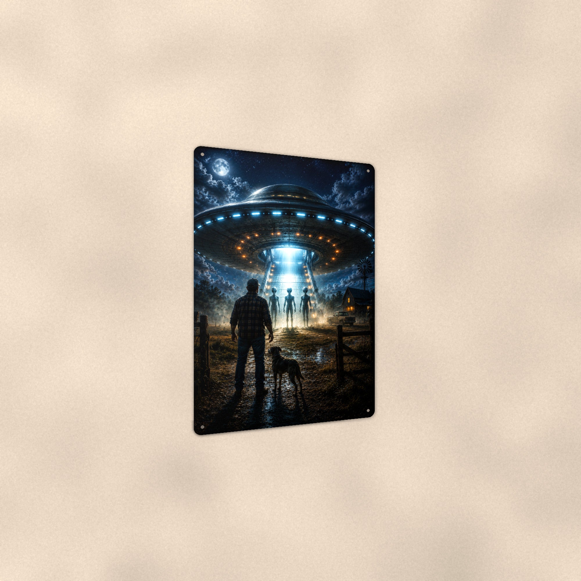 UFO Landing Party Metal Wall Art, Alien Aluminum Sign, Night Sky Sci Fi Decor, Space Gift