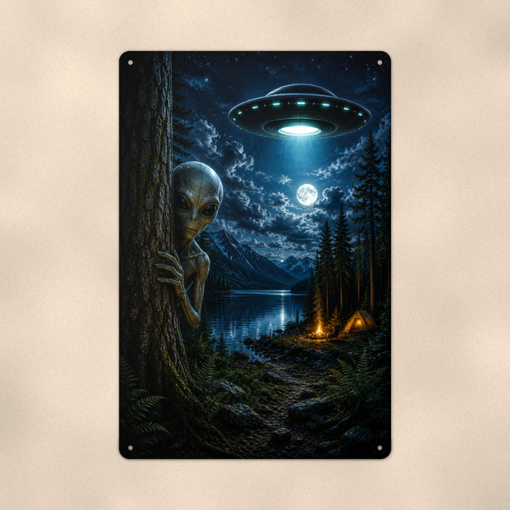 Forest UFO Watcher Metal Wall Art, Alien Aluminum Sign, Campfire Sci Fi Decor, Space Gift