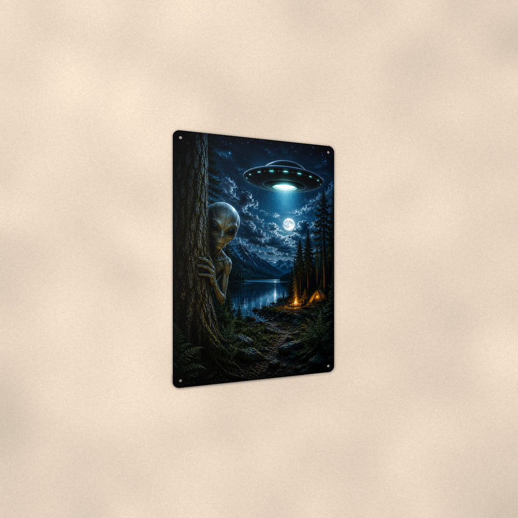 Forest UFO Watcher Metal Wall Art, Alien Aluminum Sign, Campfire Sci Fi Decor, Space Gift