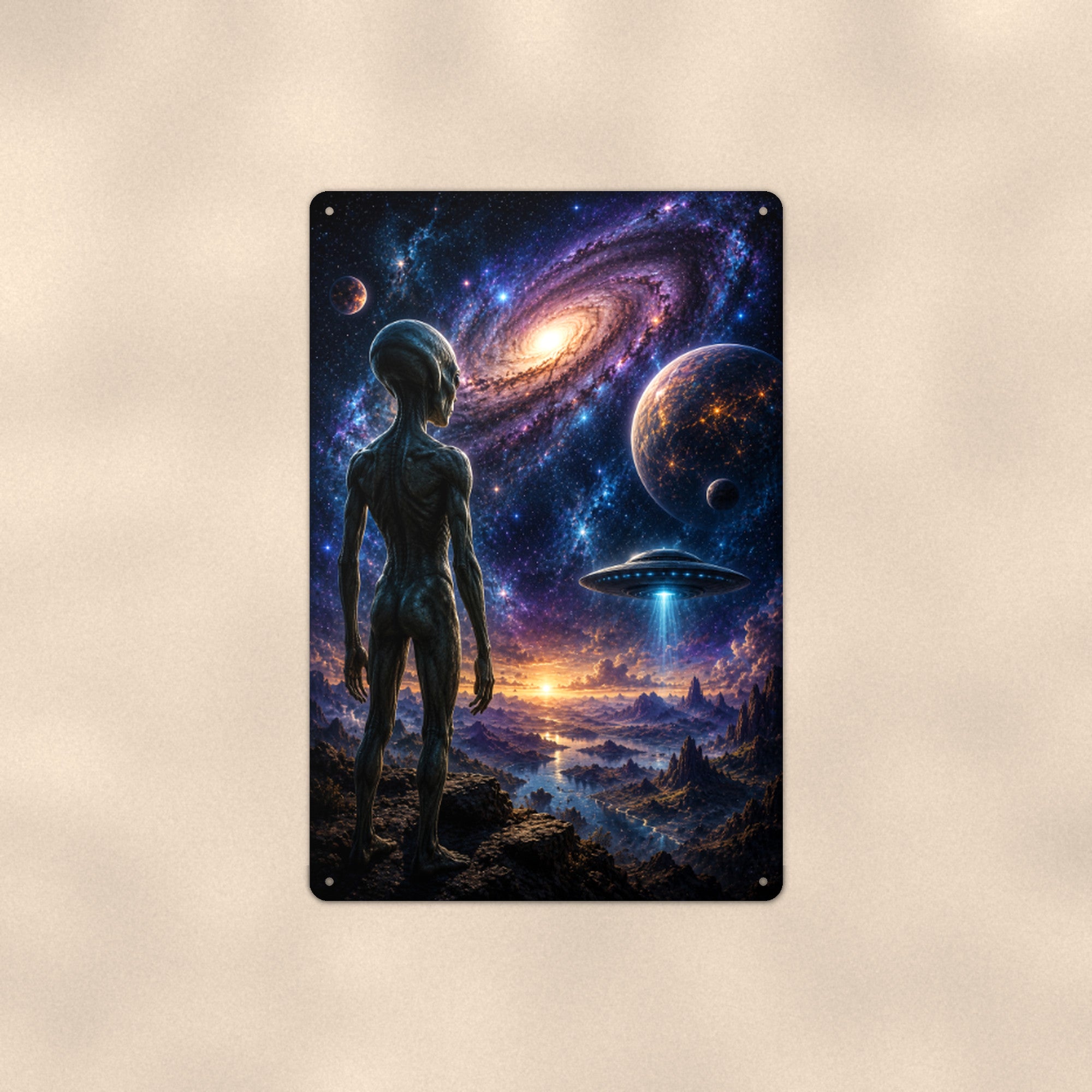 Alien Galaxy Vista Metal Wall Art, UFO Aluminum Sign, Space Landscape Decor, Sci Fi Gift