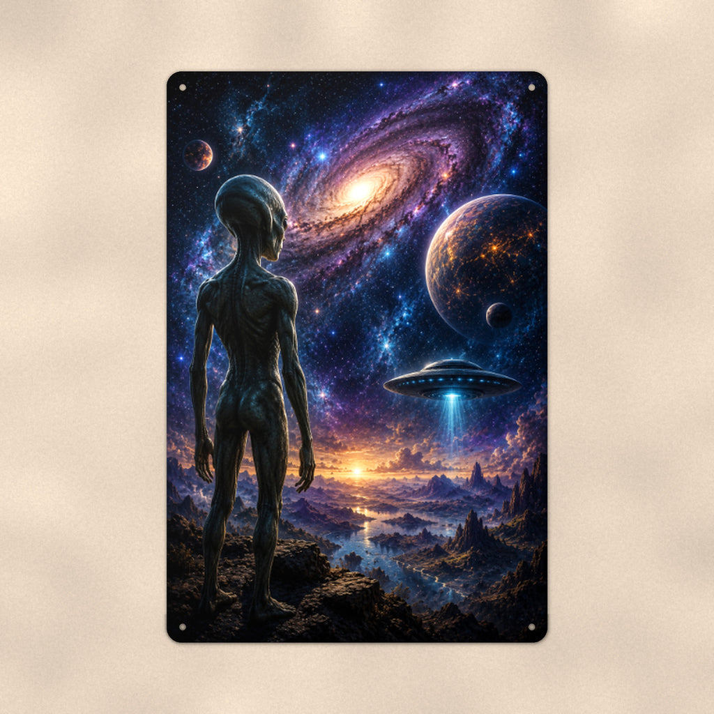 Alien Galaxy Vista Metal Wall Art, UFO Aluminum Sign, Space Landscape Decor, Sci Fi Gift