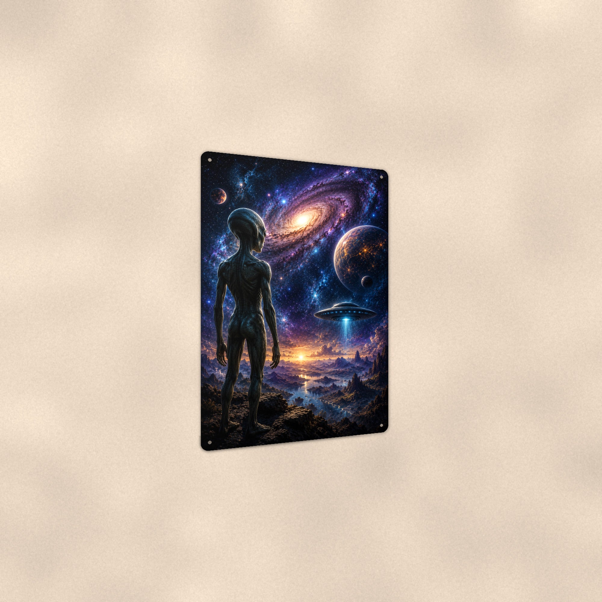 Alien Galaxy Vista Metal Wall Art, UFO Aluminum Sign, Space Landscape Decor, Sci Fi Gift