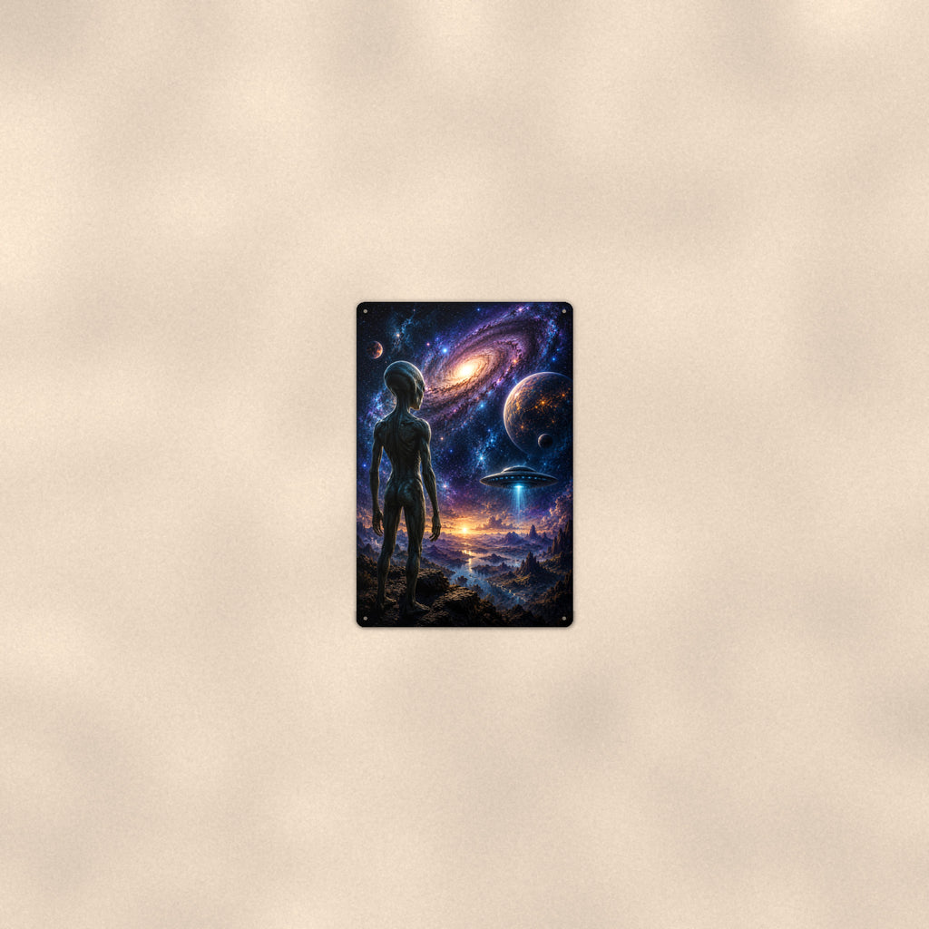Alien Galaxy Vista Metal Wall Art, UFO Aluminum Sign, Space Landscape Decor, Sci Fi Gift