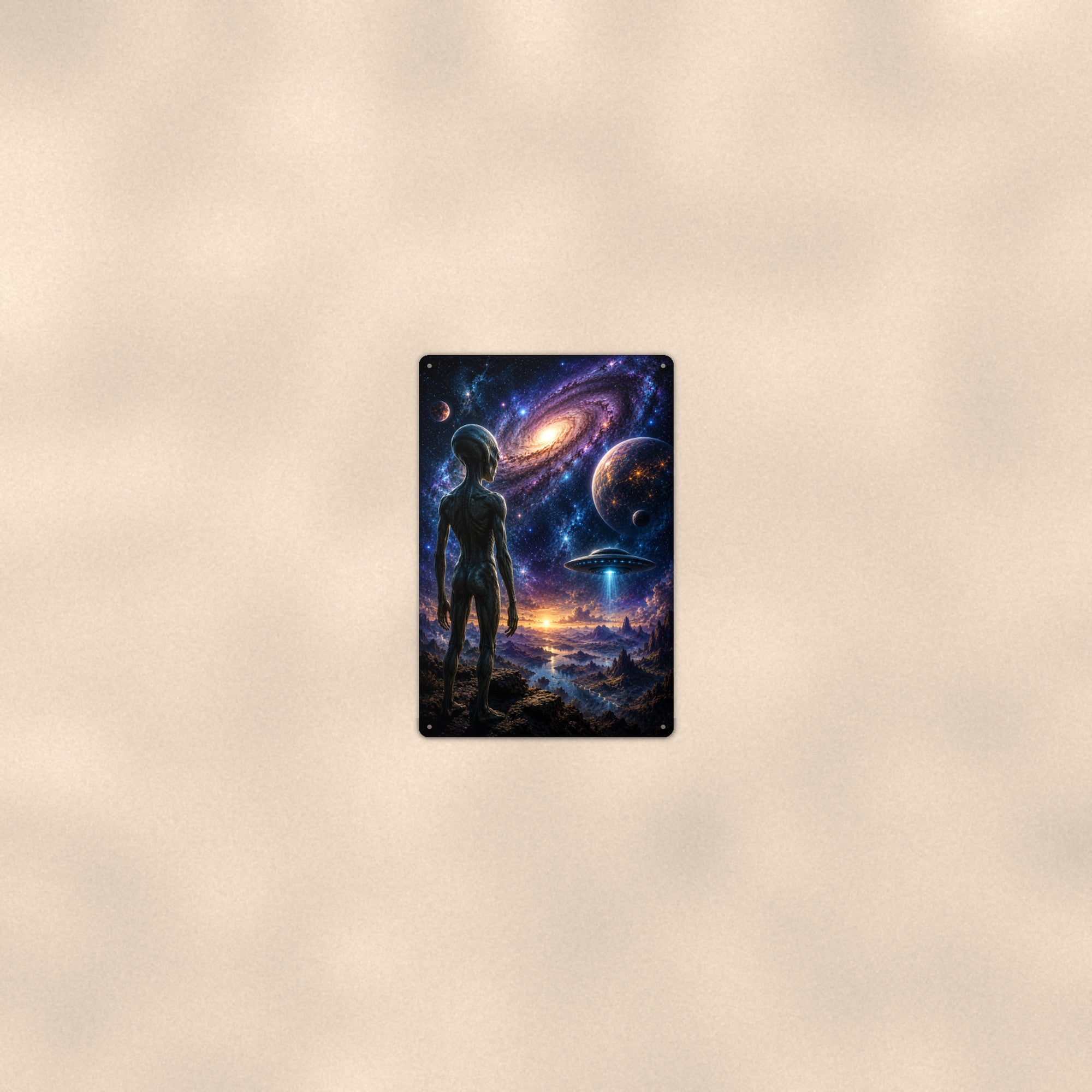 Alien Galaxy Vista Metal Wall Art, UFO Aluminum Sign, Space Landscape Decor, Sci Fi Gift