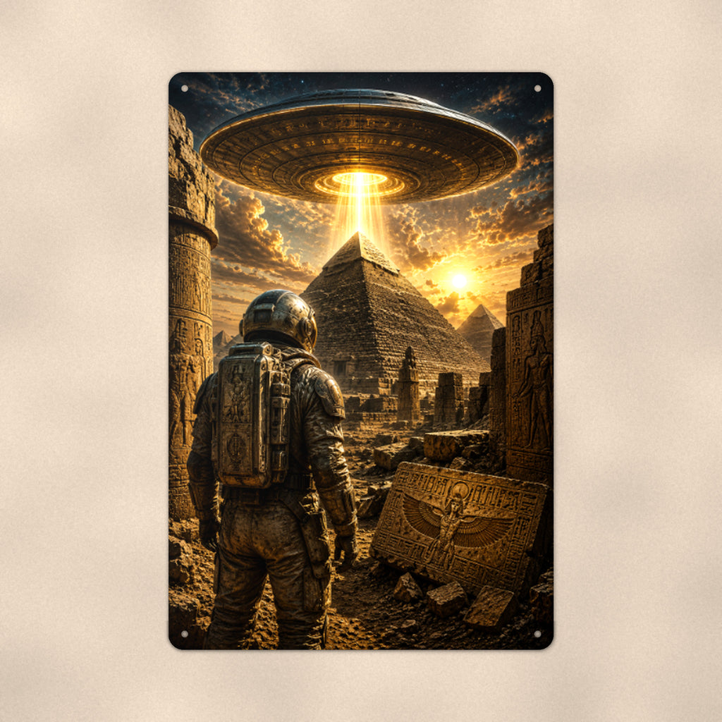 Ancient Alien Pyramid Metal Wall Art, UFO Aluminum Sign, Desert Mystery Decor, Sci Fi Gift