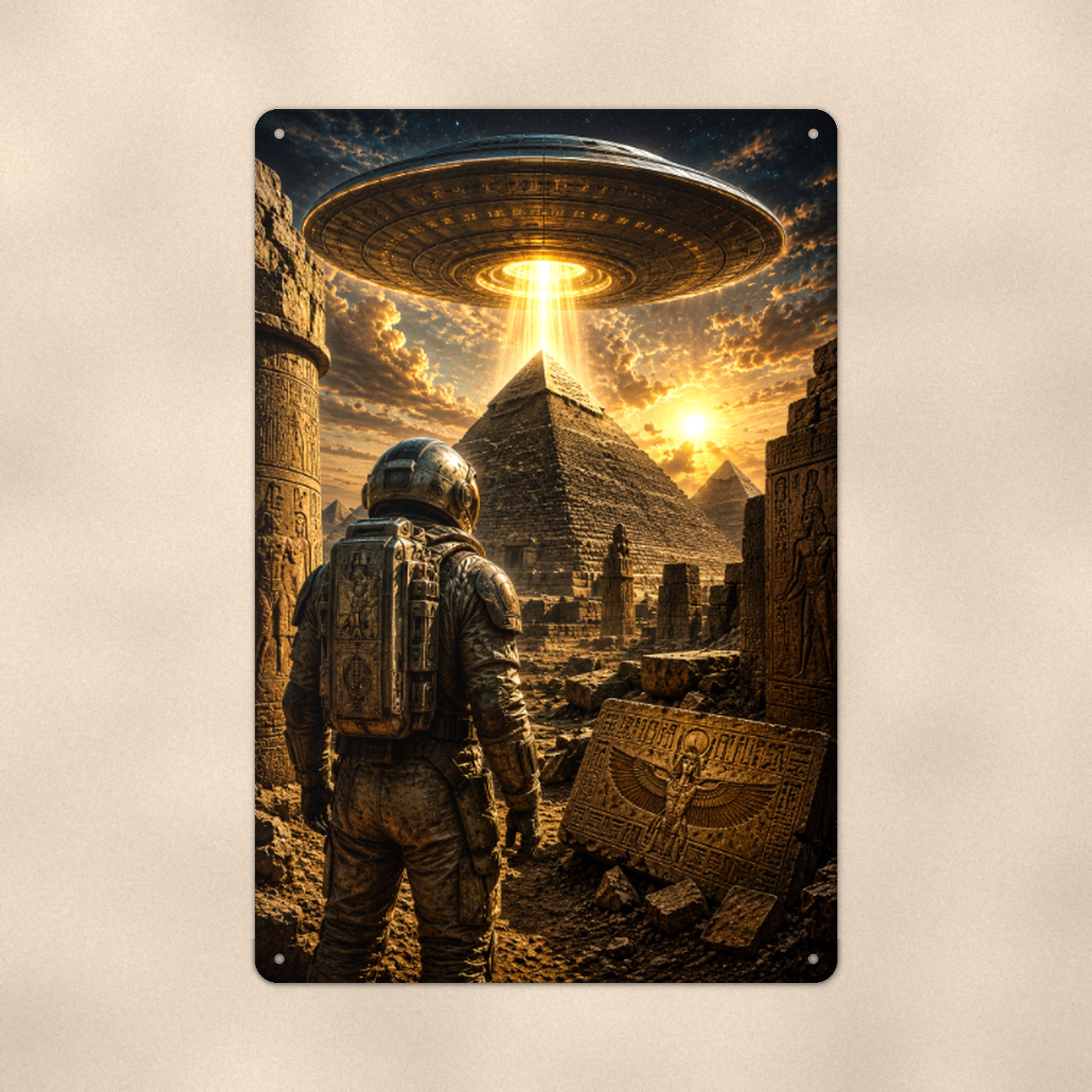 Ancient Alien Pyramid Metal Wall Art, UFO Aluminum Sign, Desert Mystery Decor, Sci Fi Gift