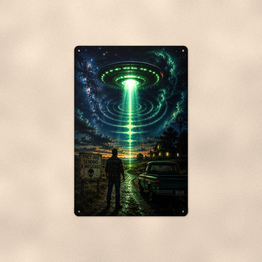 UFO Beam Road Scene Metal Wall Art, Alien Aluminum Sign, Night Sky Sci Fi Decor, Space Gift