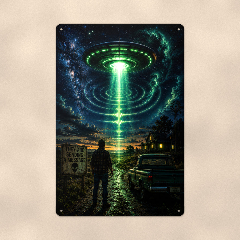 UFO Beam Road Scene Metal Wall Art, Alien Aluminum Sign, Night Sky Sci Fi Decor, Space Gift