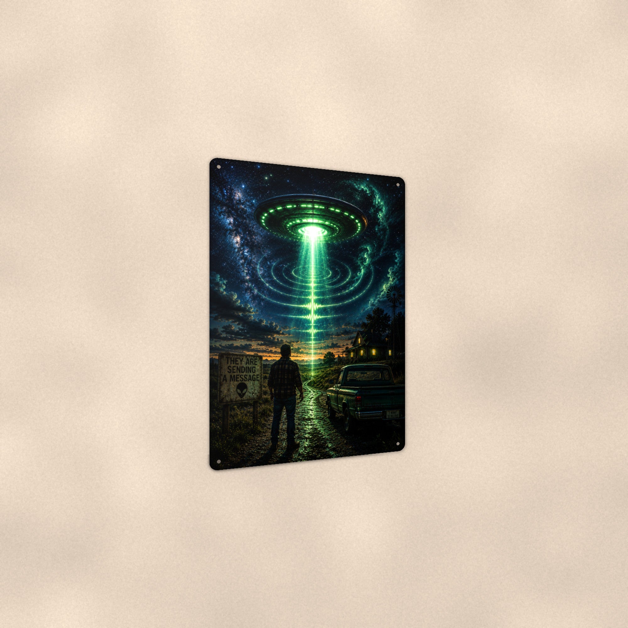 UFO Beam Road Scene Metal Wall Art, Alien Aluminum Sign, Night Sky Sci Fi Decor, Space Gift