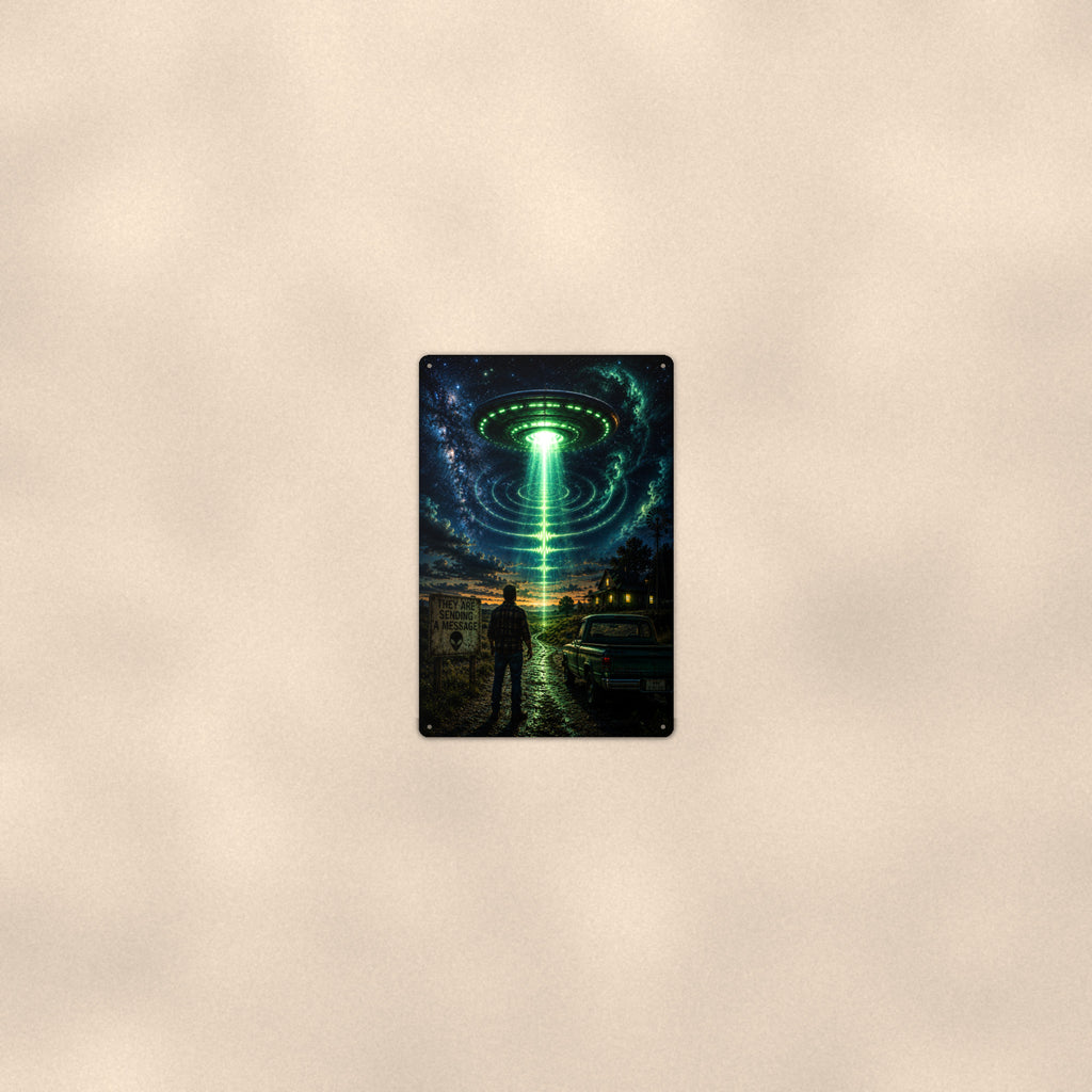 UFO Beam Road Scene Metal Wall Art, Alien Aluminum Sign, Night Sky Sci Fi Decor, Space Gift