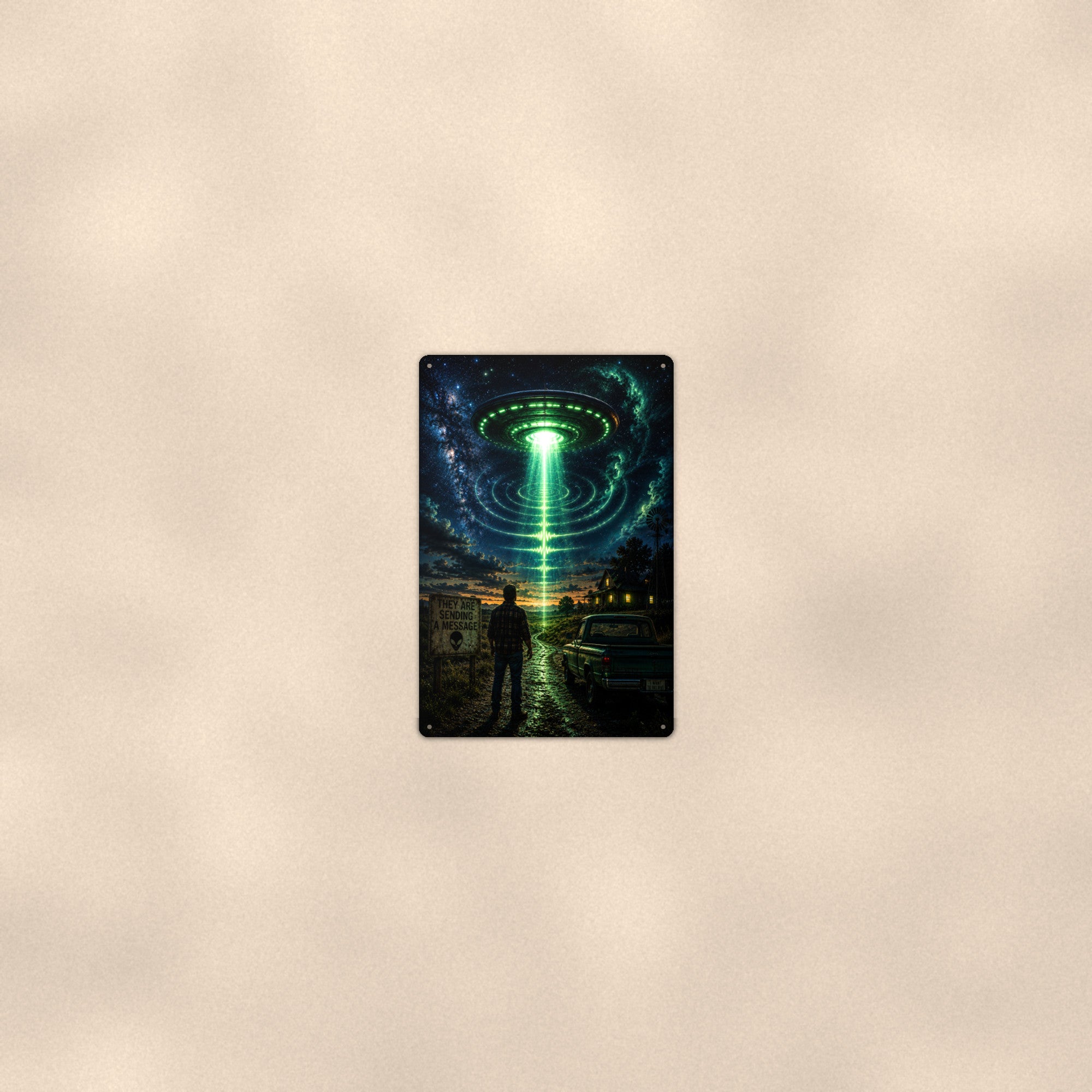 UFO Beam Road Scene Metal Wall Art, Alien Aluminum Sign, Night Sky Sci Fi Decor, Space Gift