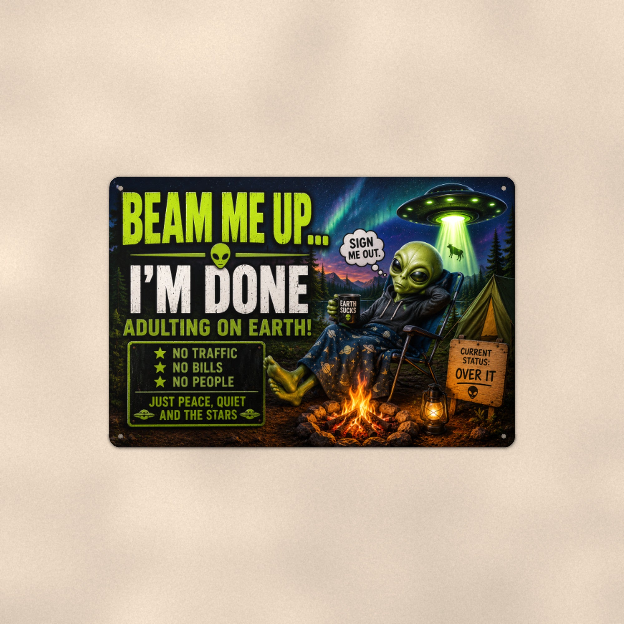 Beam Me Up Alien Metal Wall Art, Funny UFO Aluminum Sign, Sci Fi Garage Decor, Space Gift