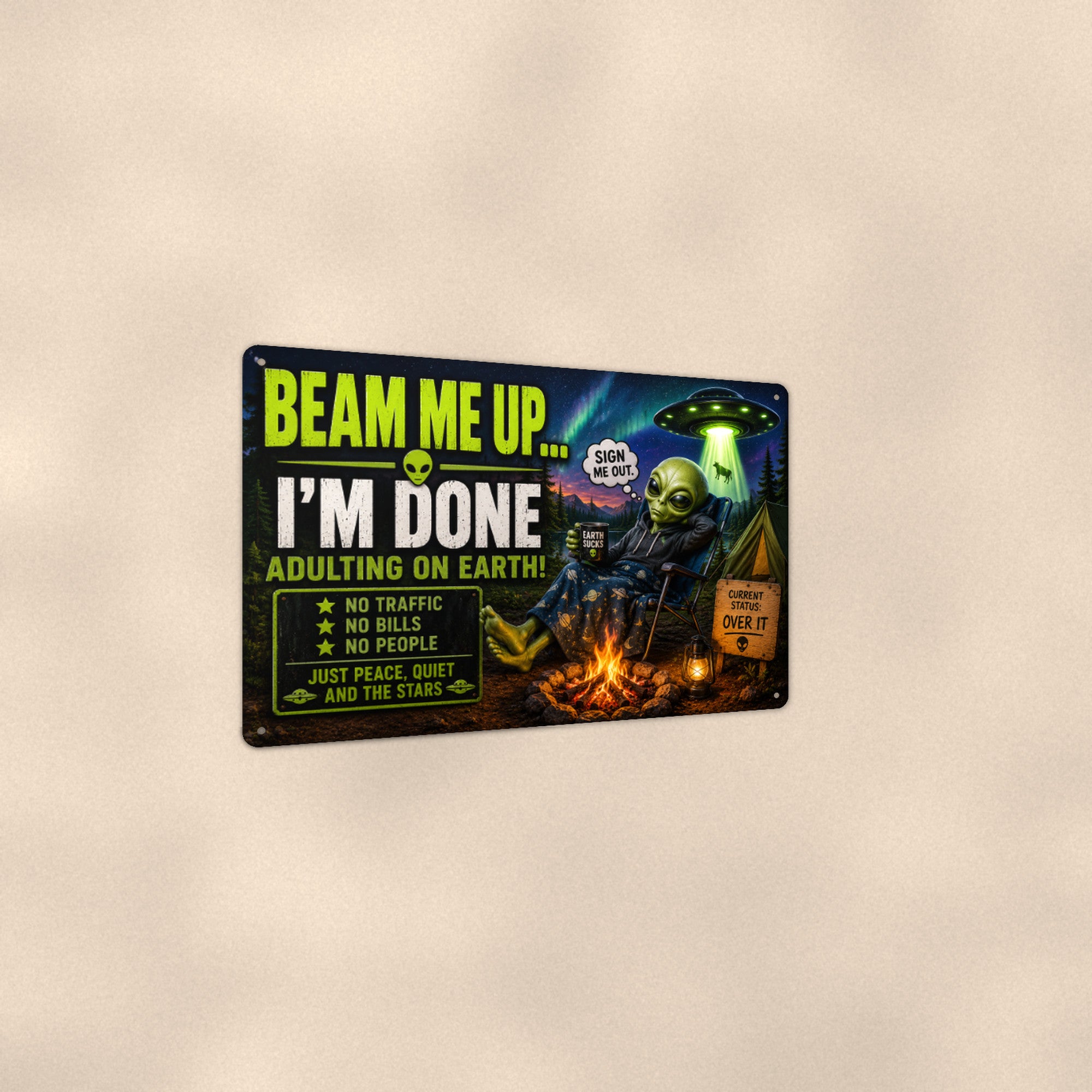 Beam Me Up Alien Metal Wall Art, Funny UFO Aluminum Sign, Sci Fi Garage Decor, Space Gift