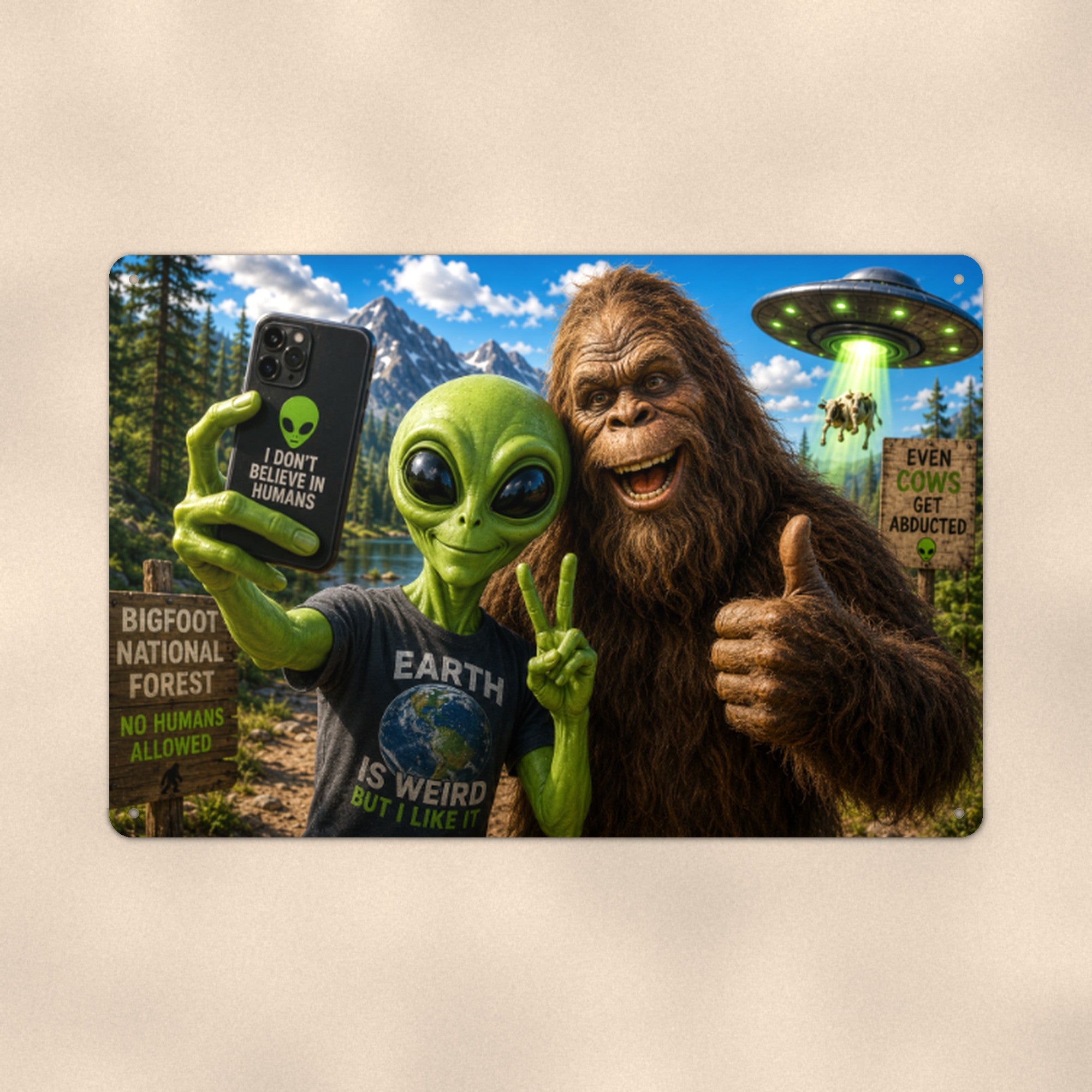 Bigfoot Alien Road Trip Metal Wall Art, Funny UFO Aluminum Sign, Cryptid Sci Fi Gift