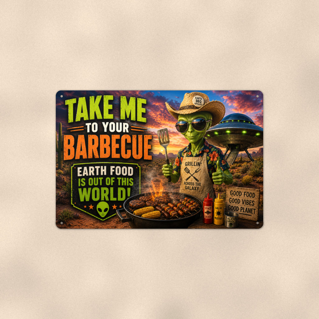Alien Barbecue Metal Wall Art, Funny UFO Aluminum Sign, Backyard Sci Fi Decor, Grill Gift