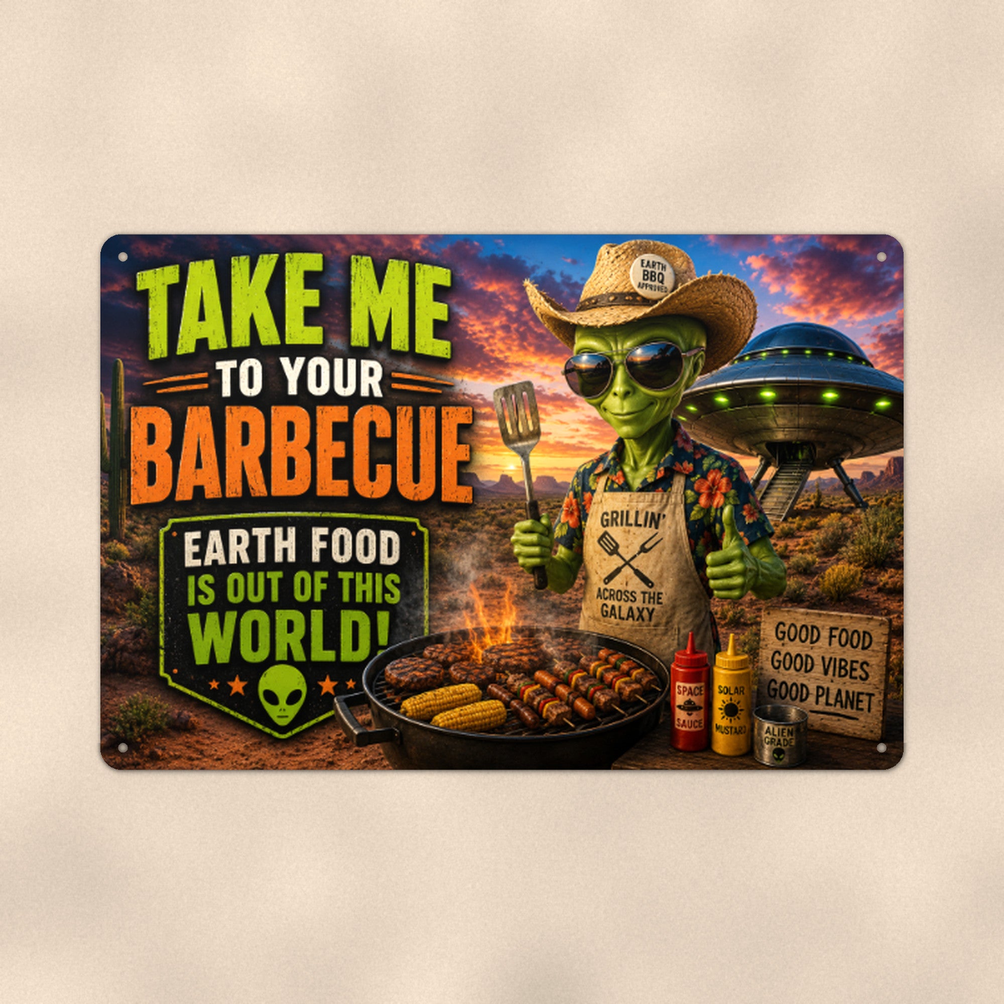 Alien Barbecue Metal Wall Art, Funny UFO Aluminum Sign, Backyard Sci Fi Decor, Grill Gift