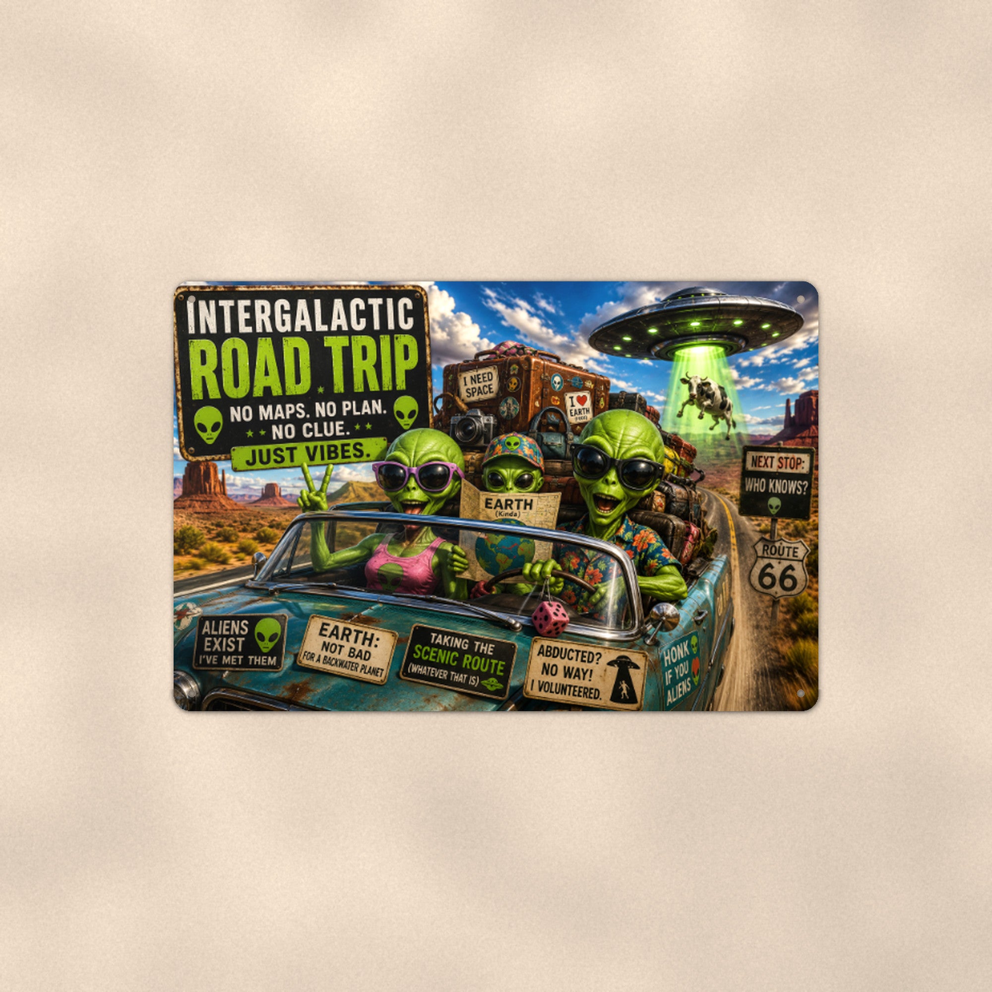 Intergalactic Road Trip Metal Wall Art, Alien UFO Aluminum Sign, Route 66 Sci Fi Decor Gift