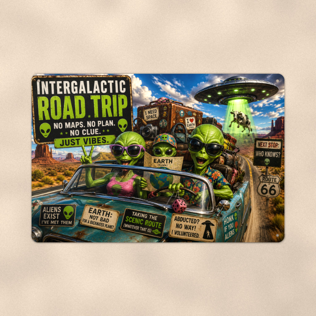 Intergalactic Road Trip Metal Wall Art, Alien UFO Aluminum Sign, Route 66 Sci Fi Decor Gift