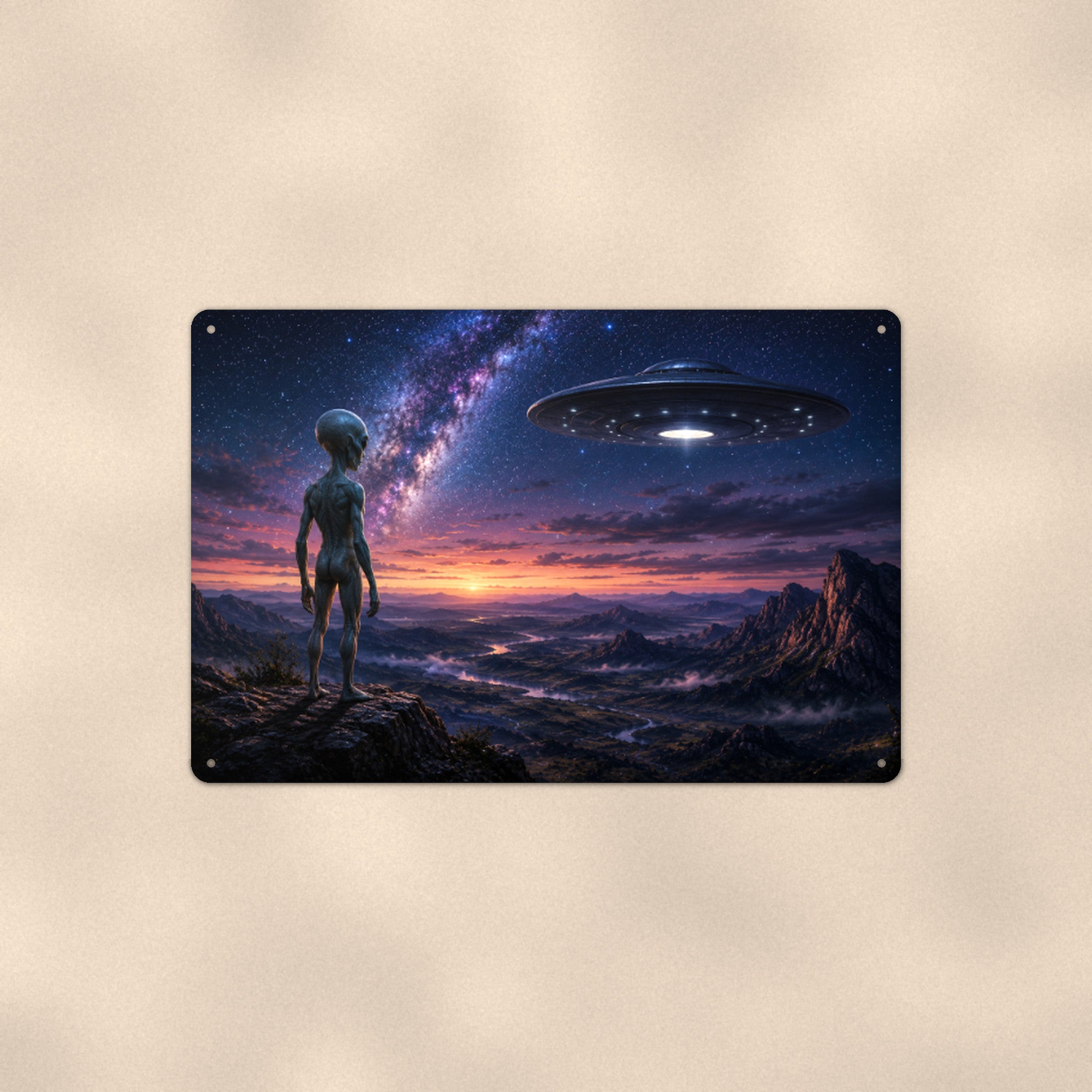 Alien Desert Traveler Metal Wall Art, UFO Aluminum Sign, Cosmic Landscape Decor, Sci Fi Gift