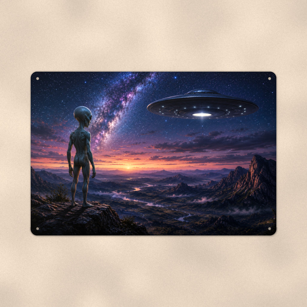 Alien Desert Traveler Metal Wall Art, UFO Aluminum Sign, Cosmic Landscape Decor, Sci Fi Gift