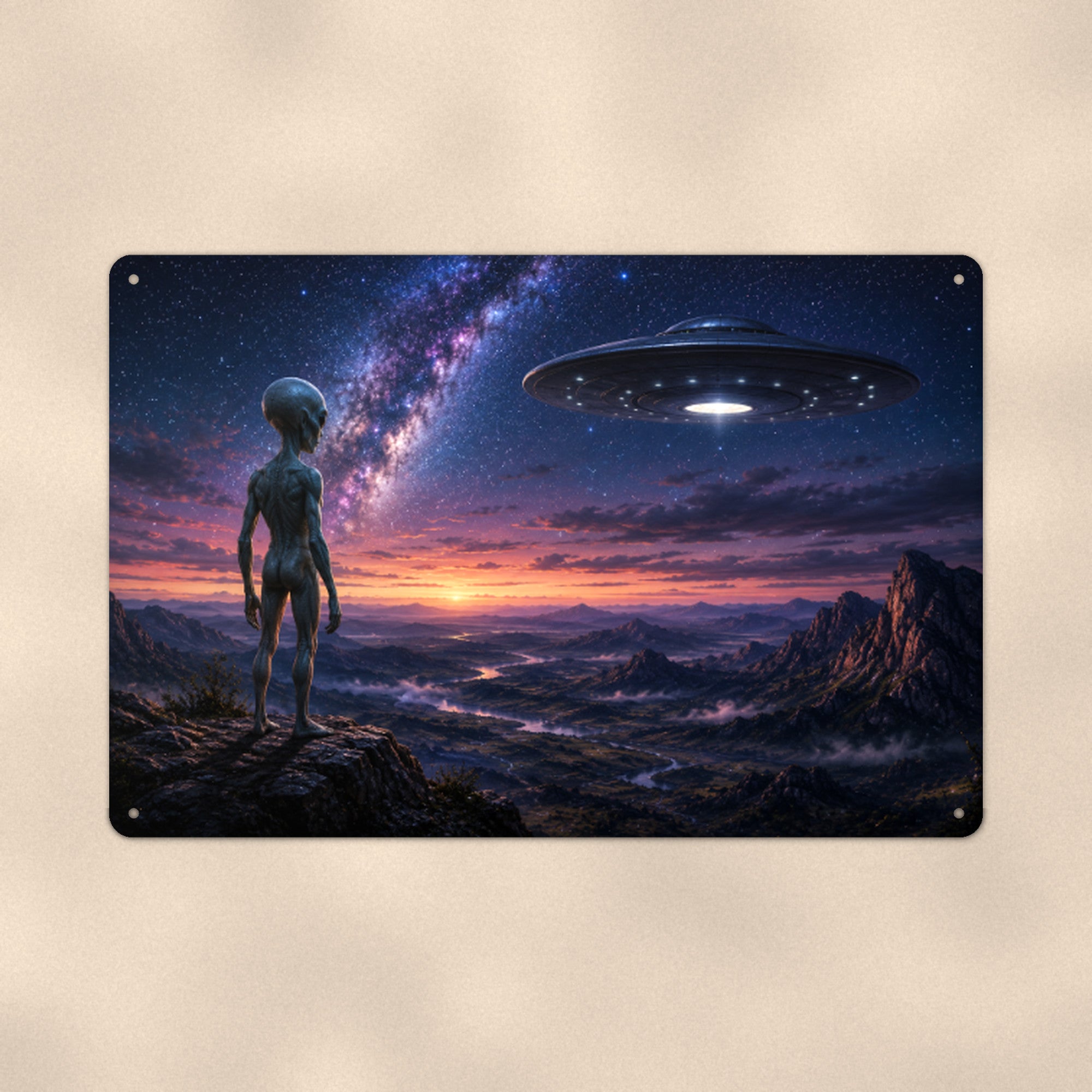 Alien Desert Traveler Metal Wall Art, UFO Aluminum Sign, Cosmic Landscape Decor, Sci Fi Gift