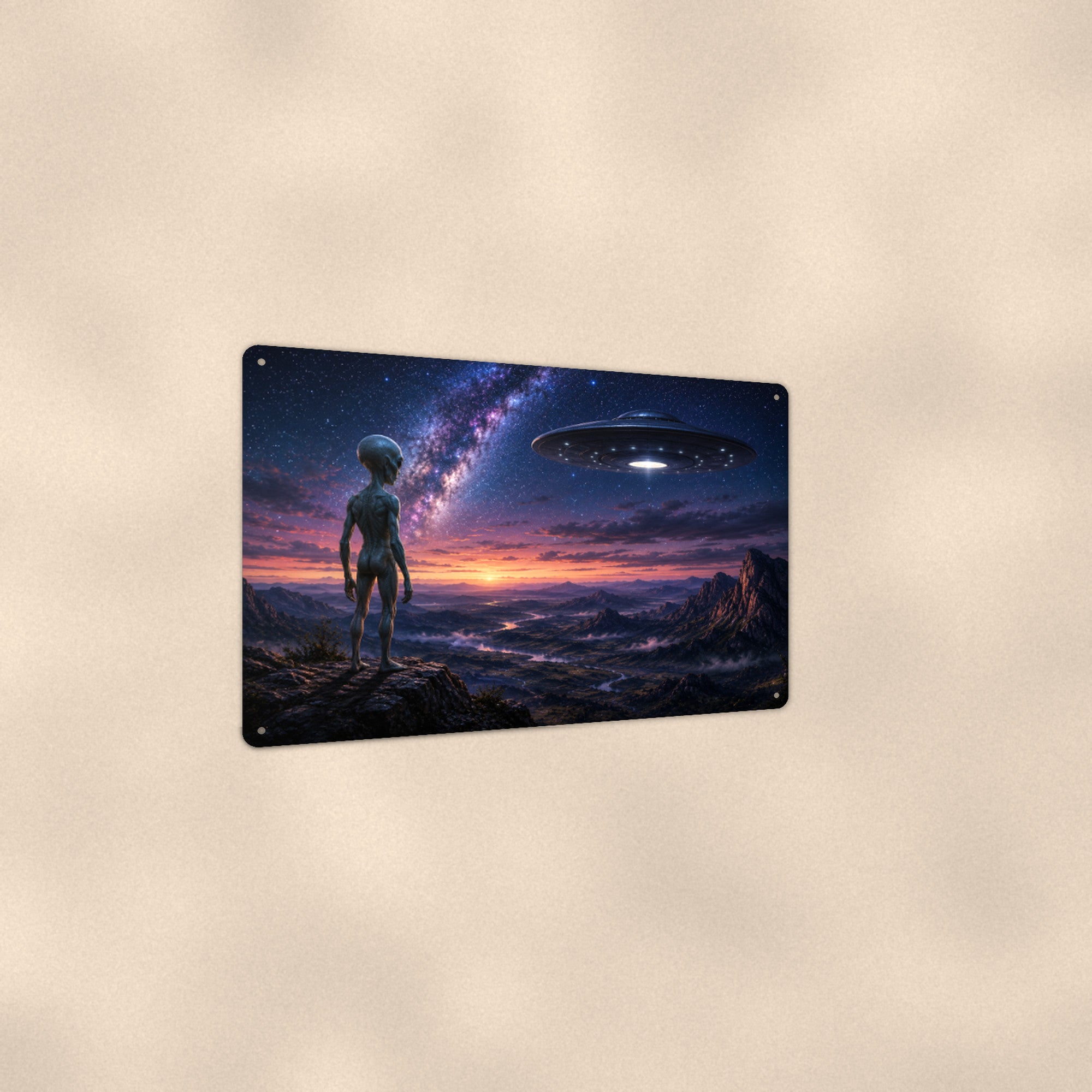 Alien Desert Traveler Metal Wall Art, UFO Aluminum Sign, Cosmic Landscape Decor, Sci Fi Gift