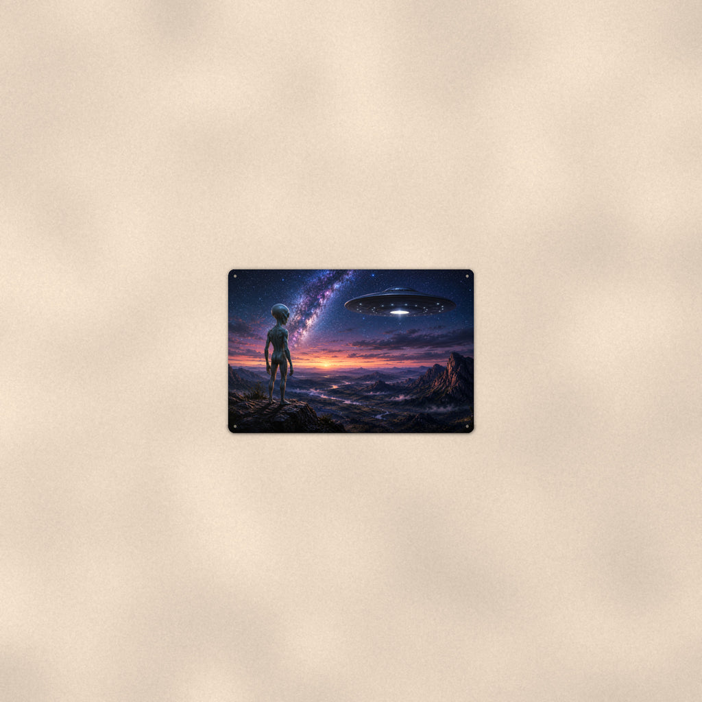 Alien Desert Traveler Metal Wall Art, UFO Aluminum Sign, Cosmic Landscape Decor, Sci Fi Gift